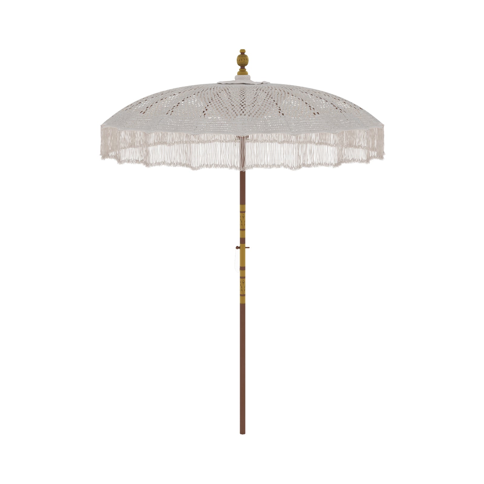 parasol fakele en bois de cocotier et macrame blanc creme marron fond blanc
