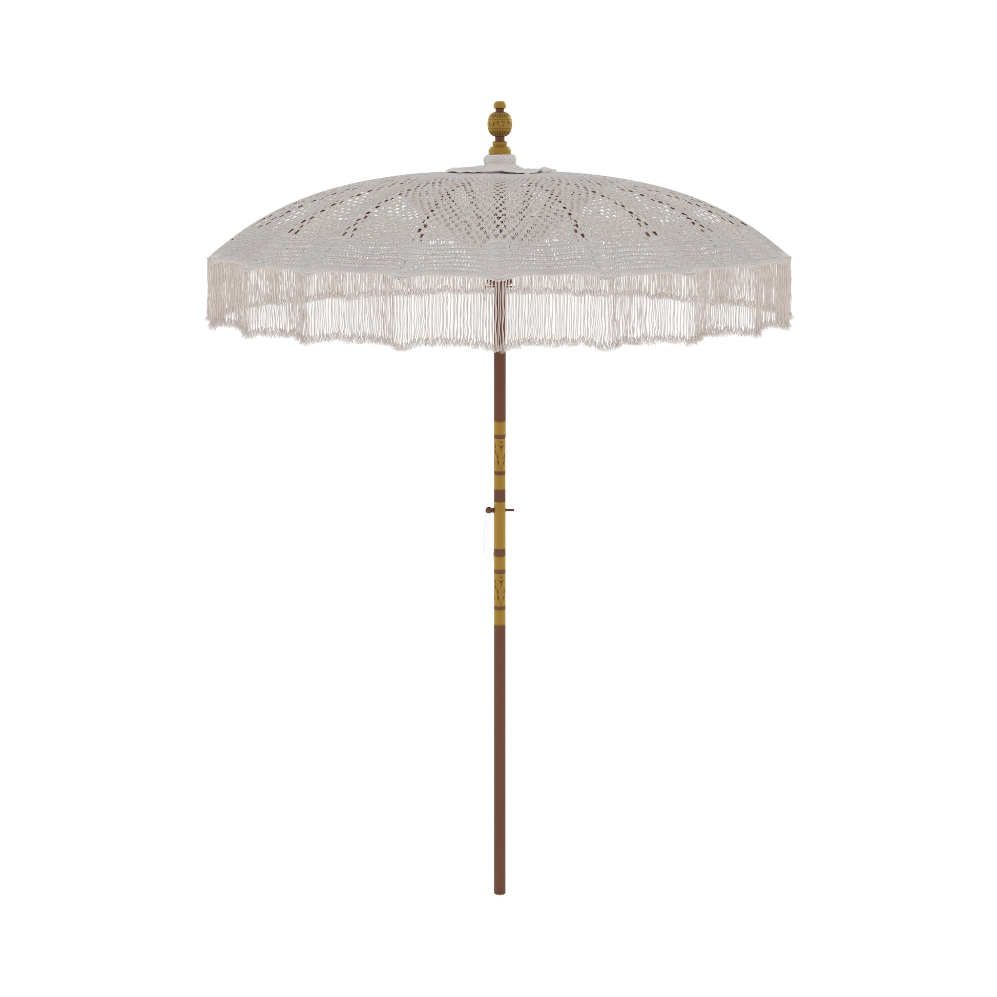 parasol fakele en bois de cocotier et macrame blanc creme marron fond blanc