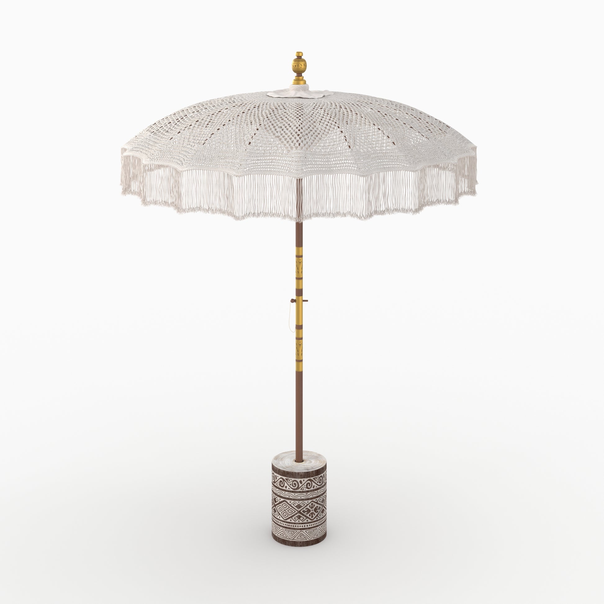 parasol macrame pied de parasol en bois de suar et gravures blanches