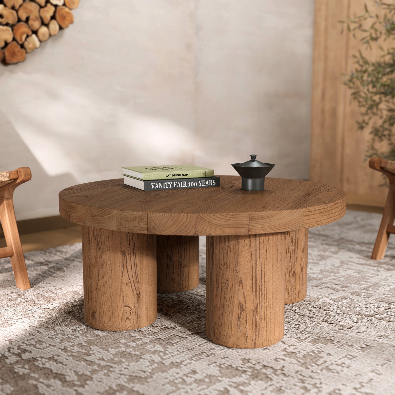 paula table basse ronde 3 pieds bois orme