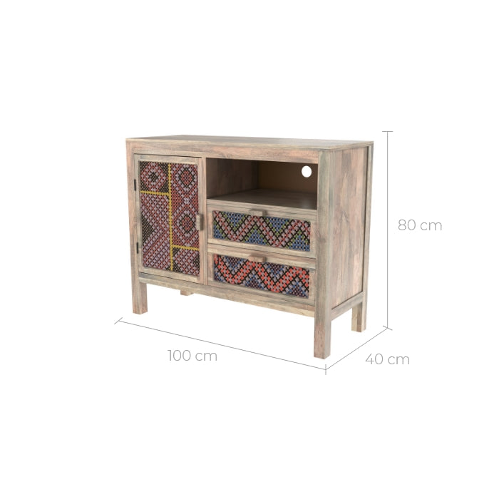 petit buffet en bois de manguier et cannage colore