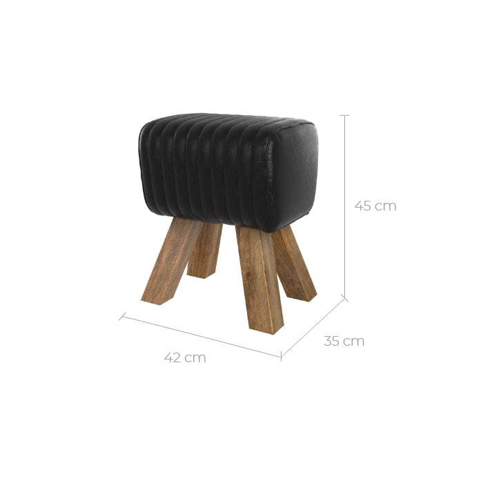 petit tabouret deco en cuir noir et pieds bois morena