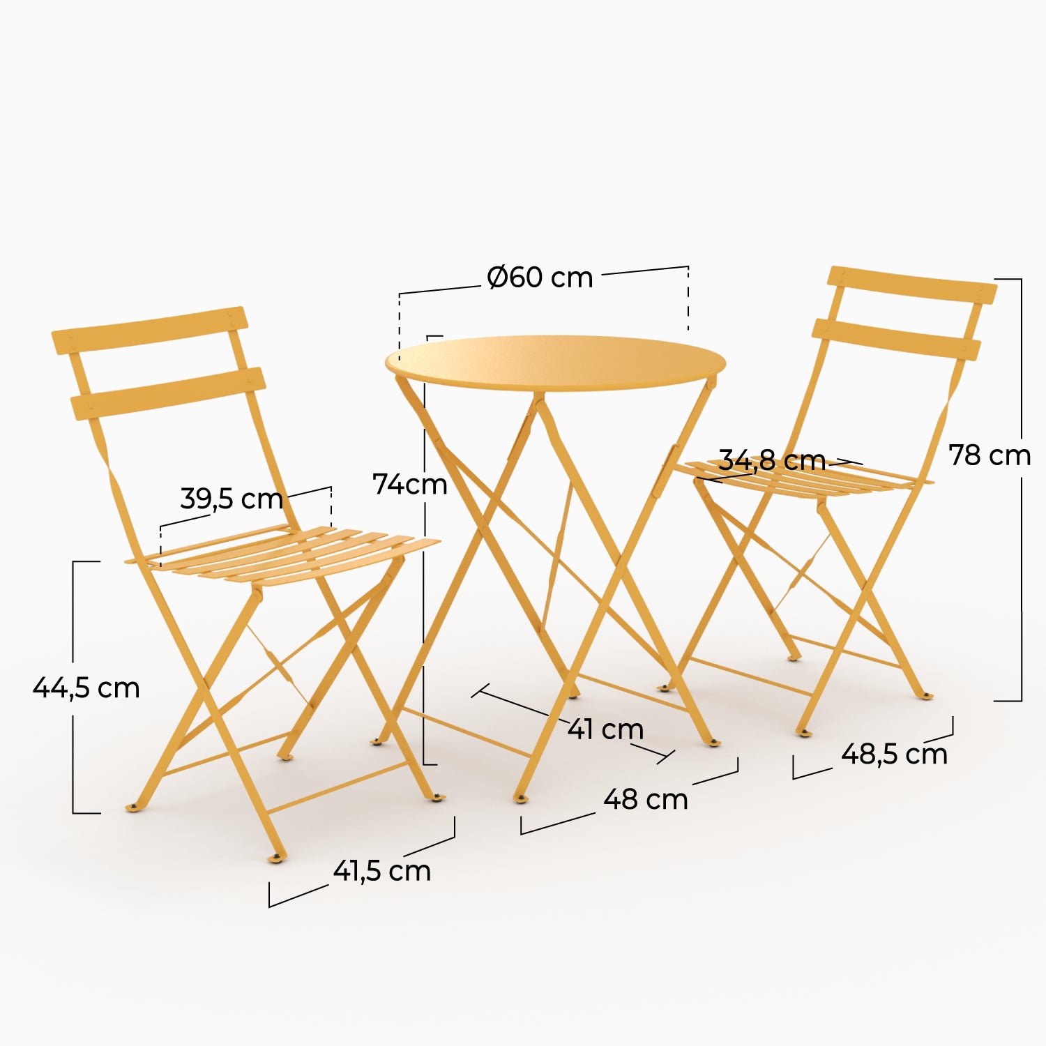 Table ronde et chaises de jardin pliantes Kayla 2 places en métal jaune