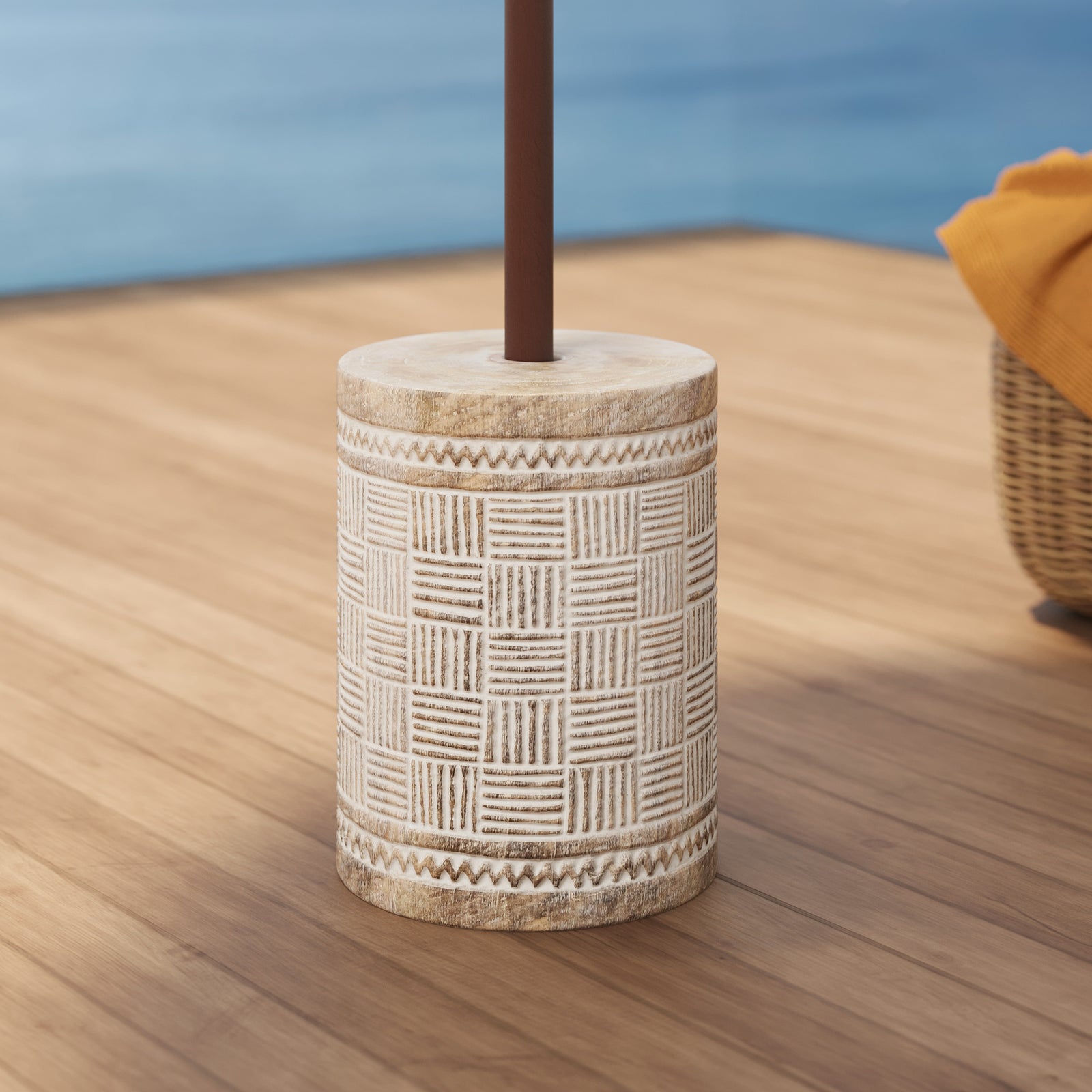 pied de parasol bois et gravures blanches rond