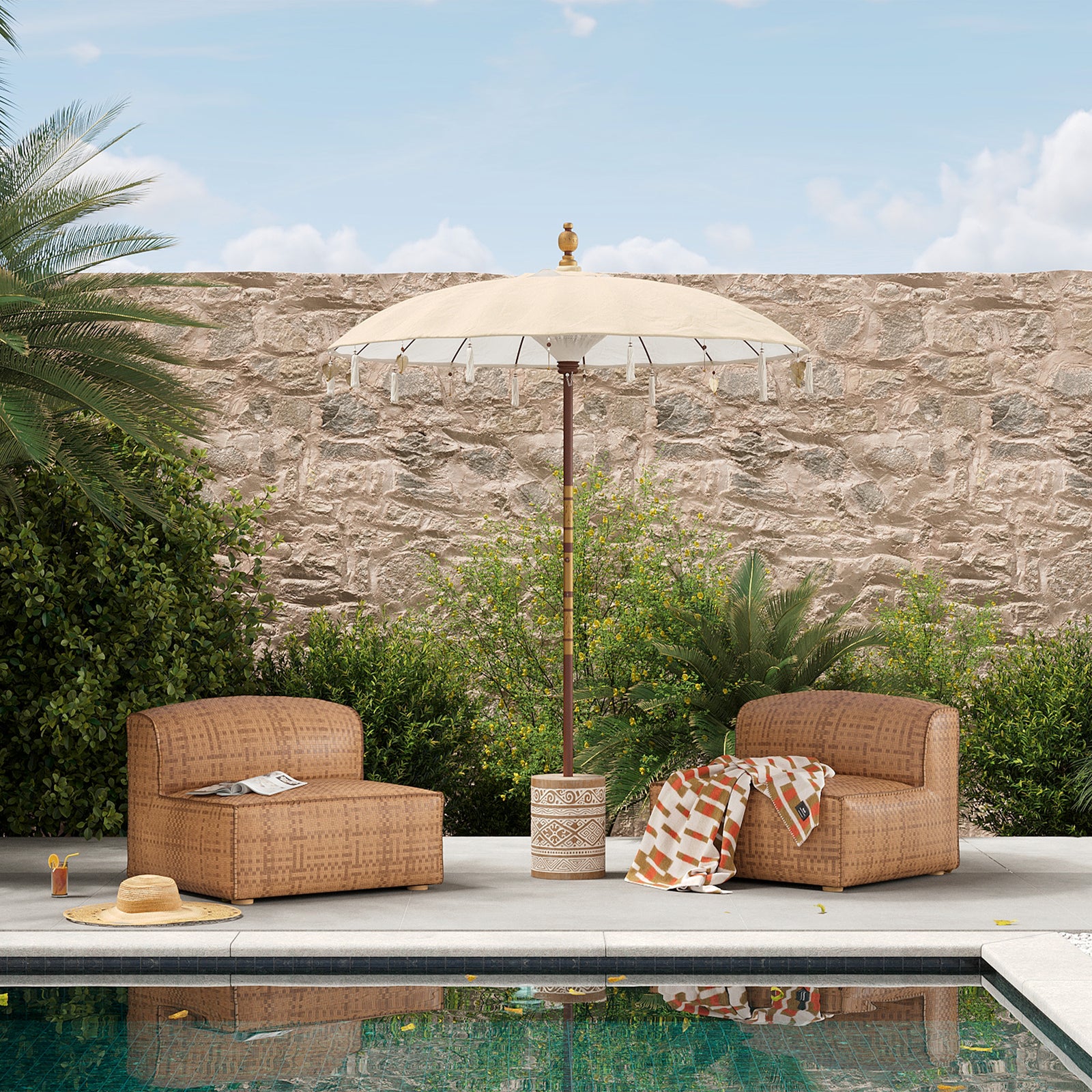 pied de parasol rond bois gravures blanches