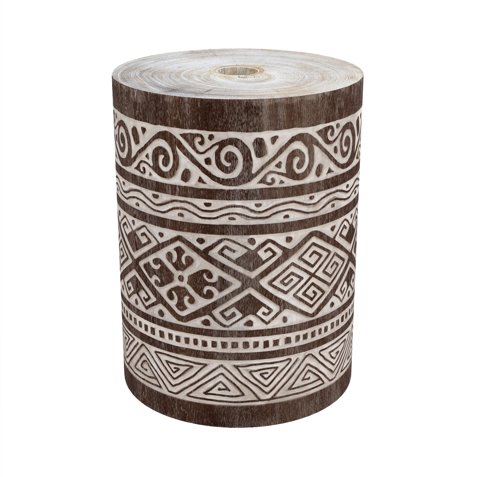 pied de parasol taga en bois de suar et gravures blanches fond blanc