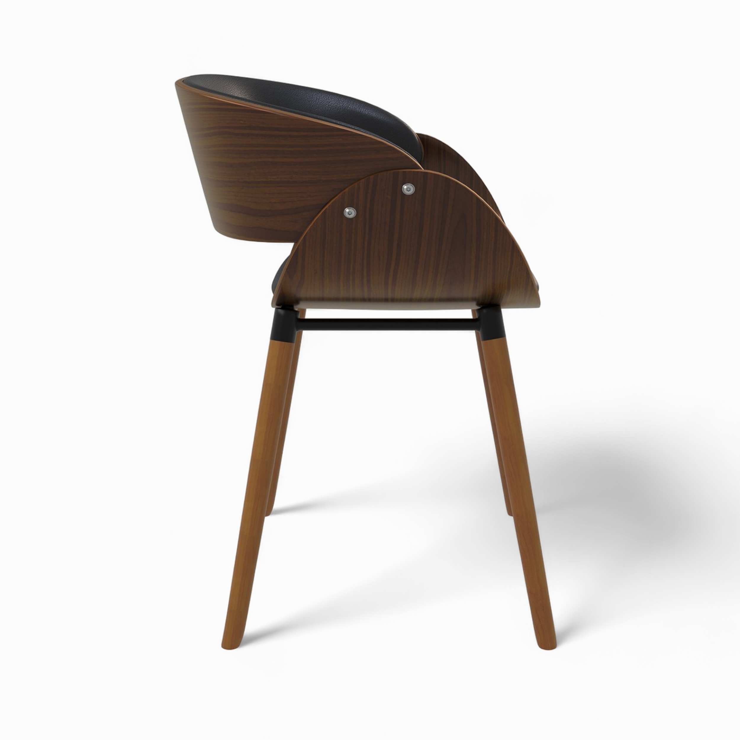 polo chaise en cuir synthetique noir et bois plaque noyer