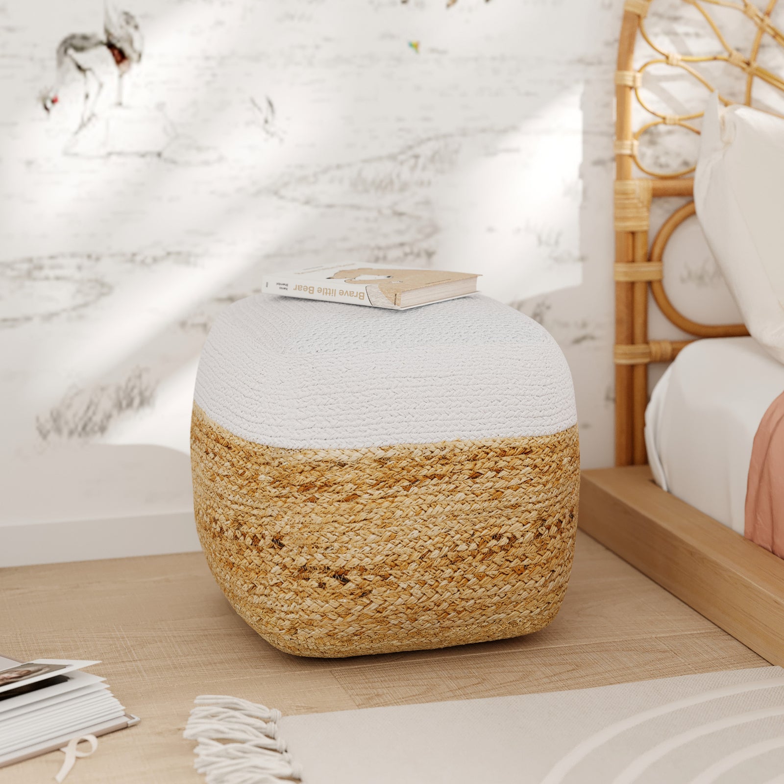 pouf billy jute beige et blanc chambre_enfant_chevet
