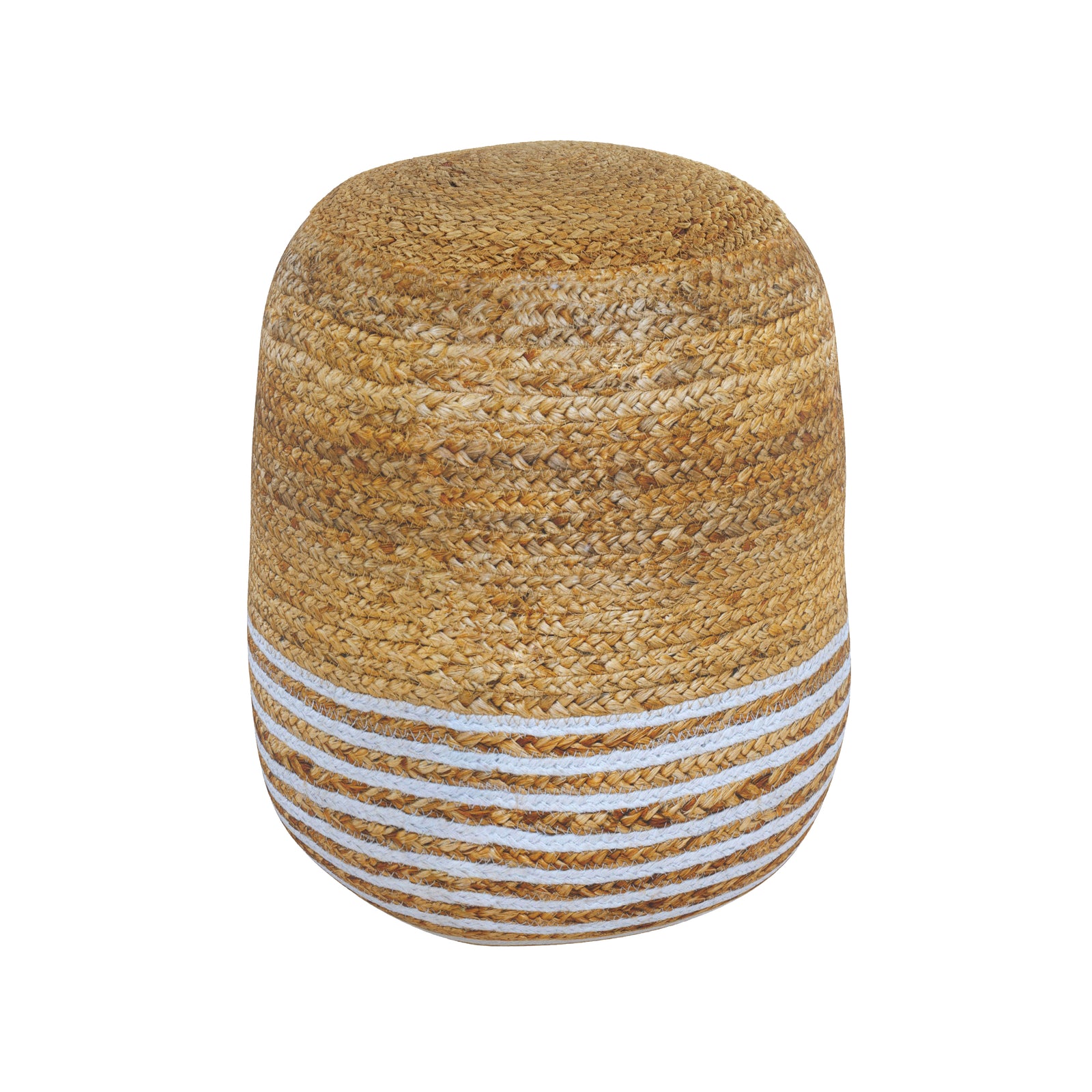 pouf rond billy en jute fines rayures blanches diametre 40 cm fond blanc