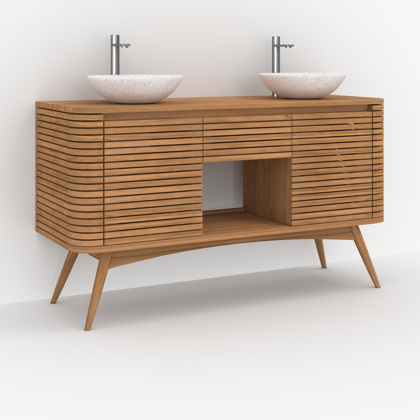 rangement meuble de salle de bain en bois de teck marron niche