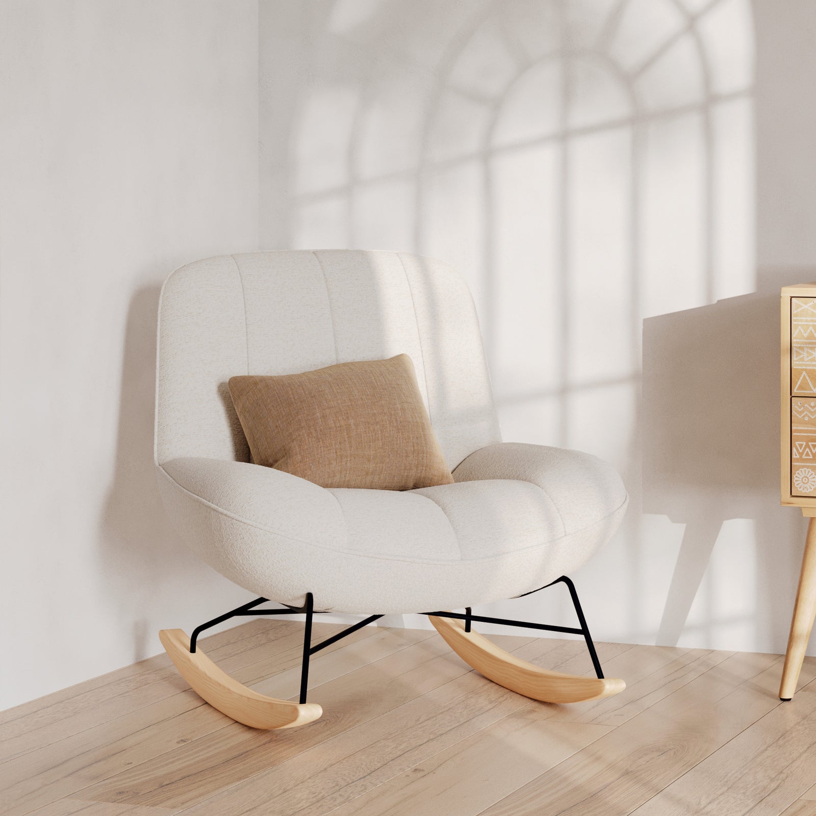 rocking chair alvin en tissu boucle blanc casse pieds bois