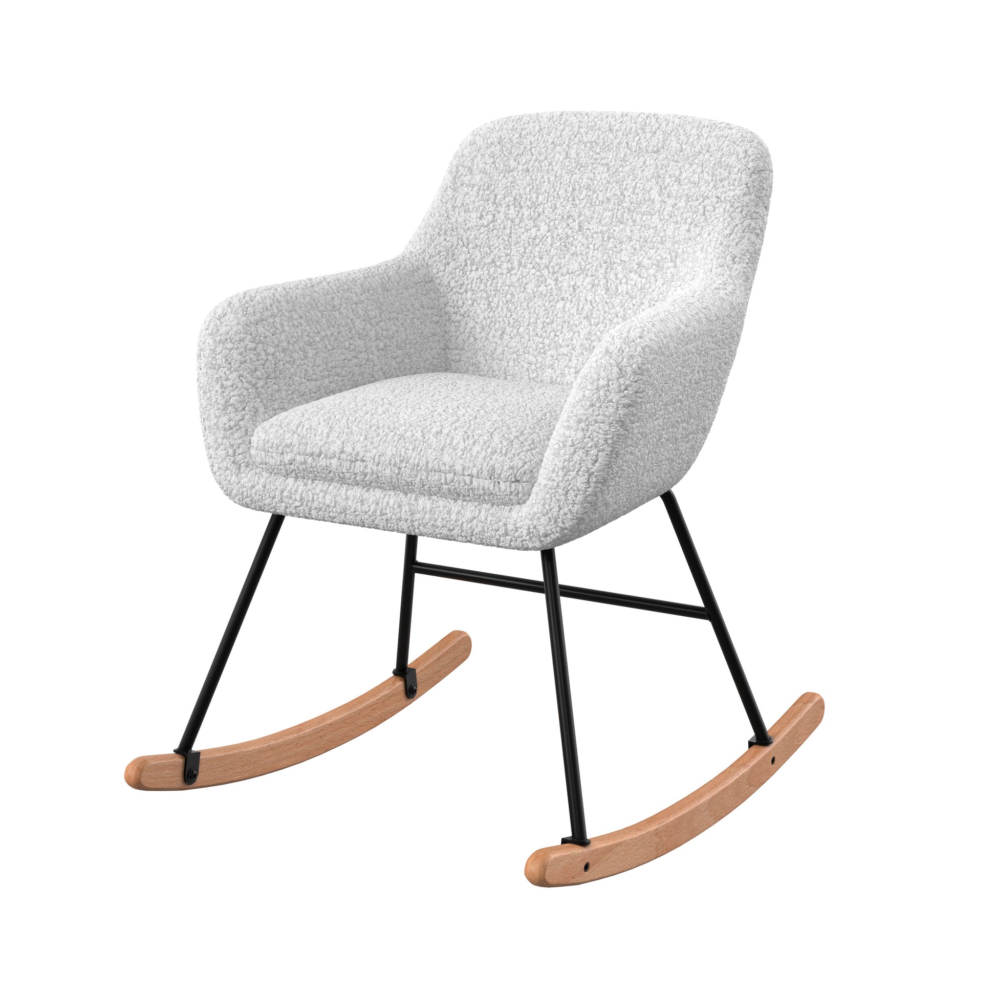 rocking chair en tissu boucle blanc isola pieds metal et bois