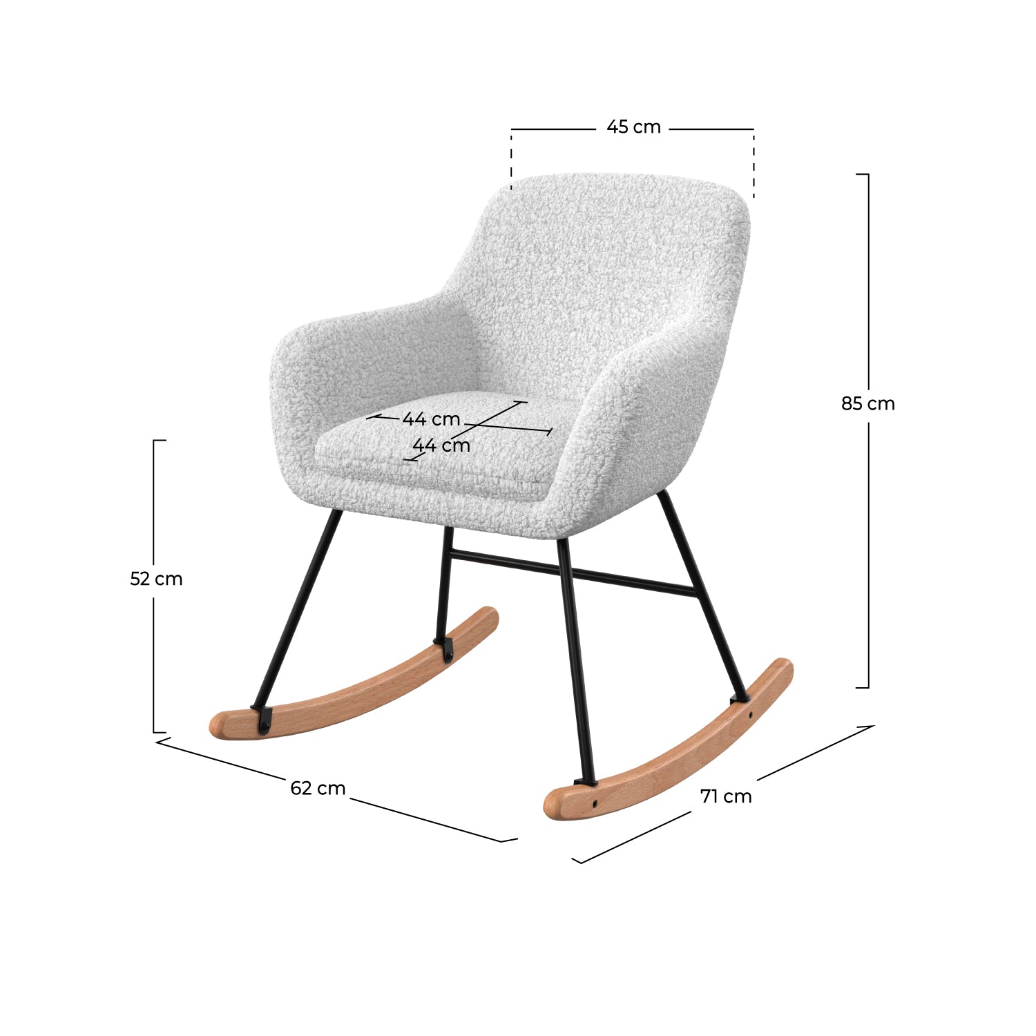 rocking chair isola en tissu boucle blanc pieds metal bois de hetre
