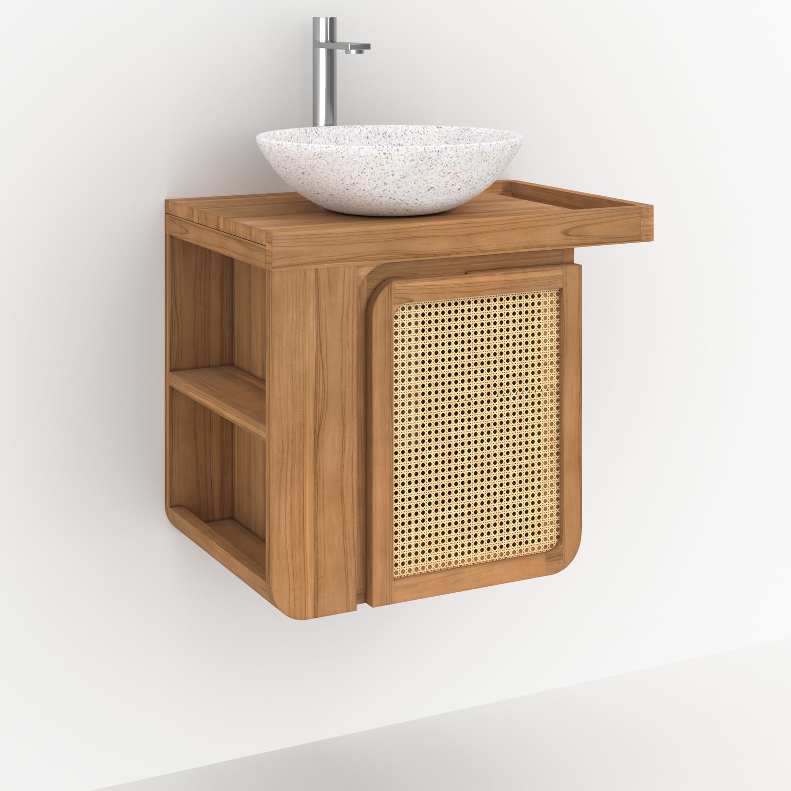 salle de bain meuble suspendu dami en bois de teck et cannage rangement