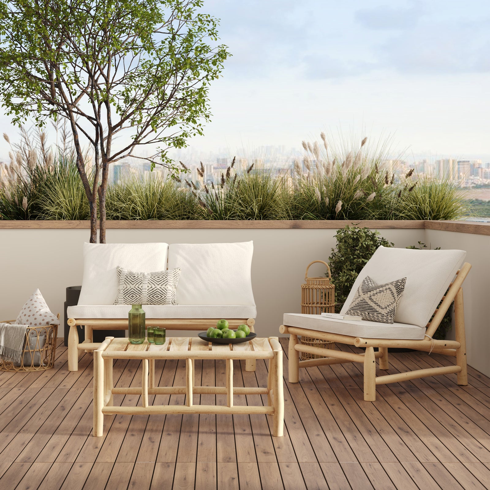 salon de jardin 3 personnes en bois de teck tissu creme blanc casse_2