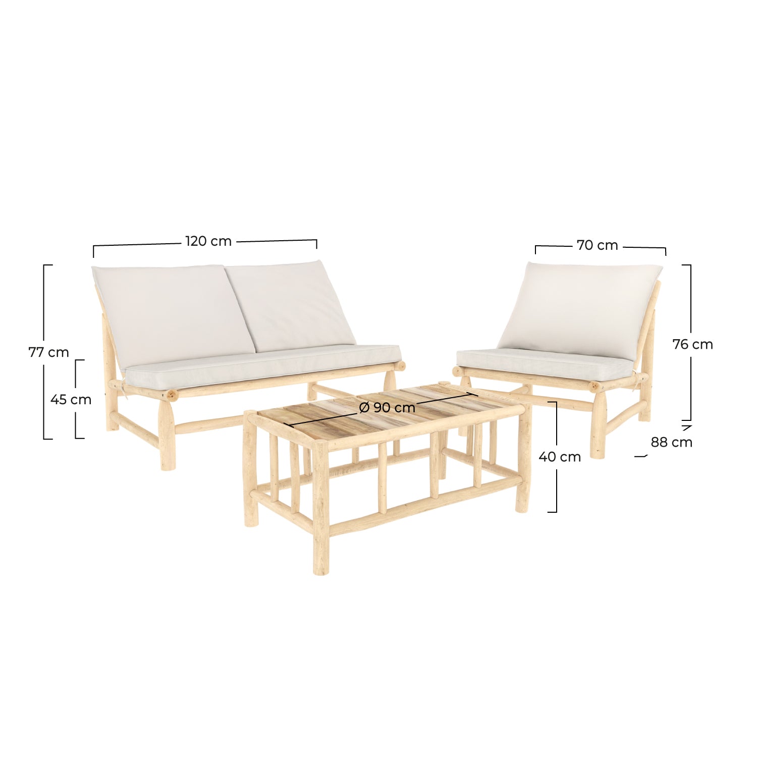 salon de jardin 3 places bois teck tissu blanc