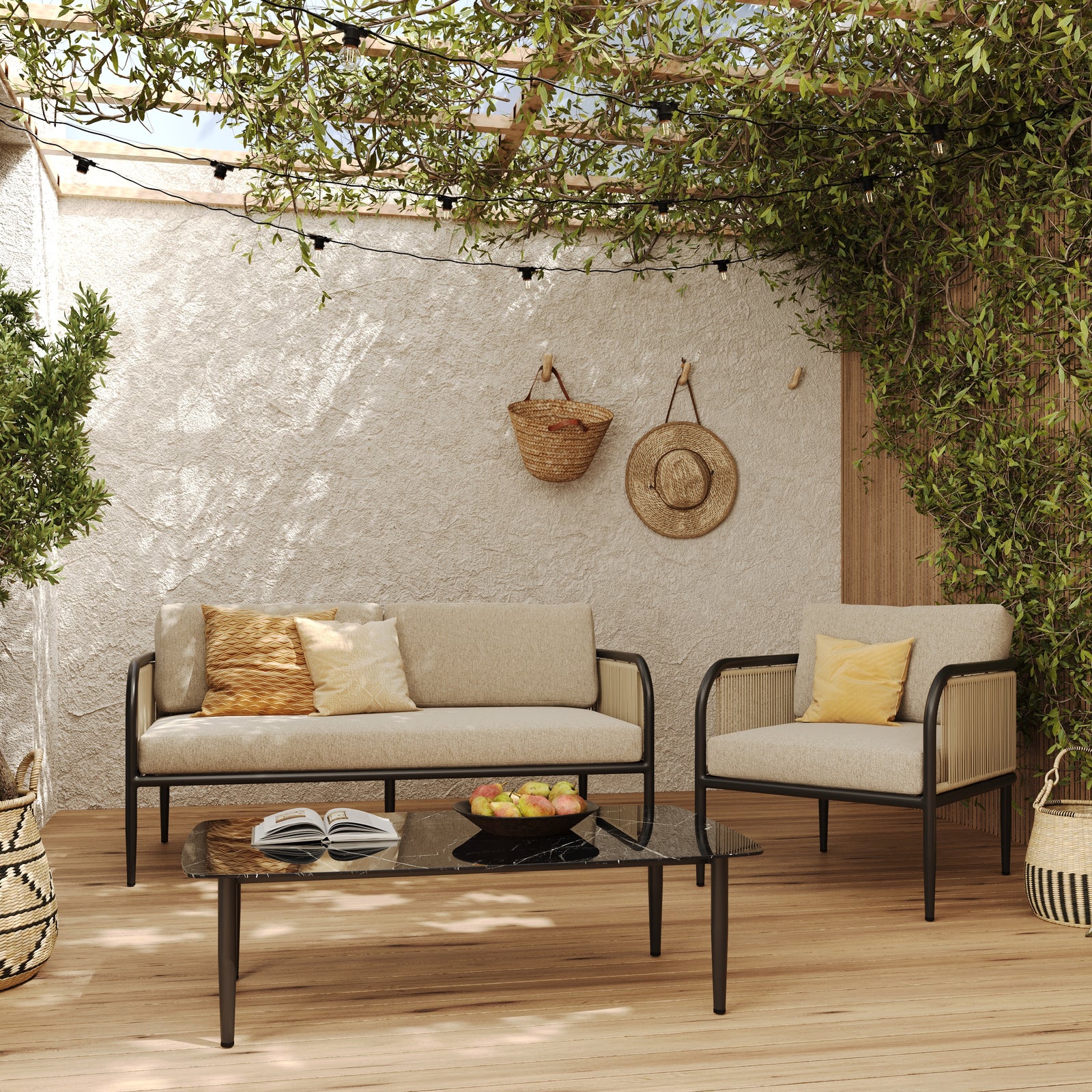 salon de jardin beige et noir wilo 4 places