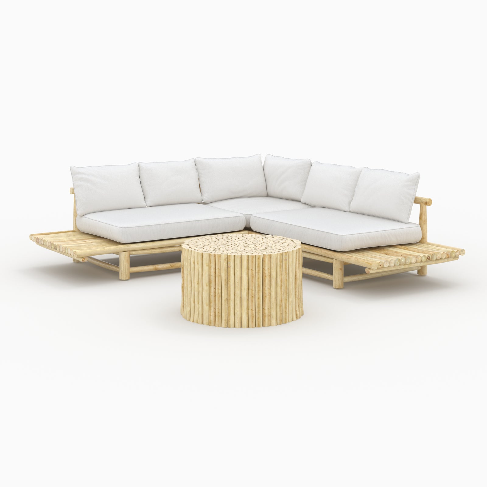 salon de jardin en bois de teck canape d angle table basse ronde imani fond beige