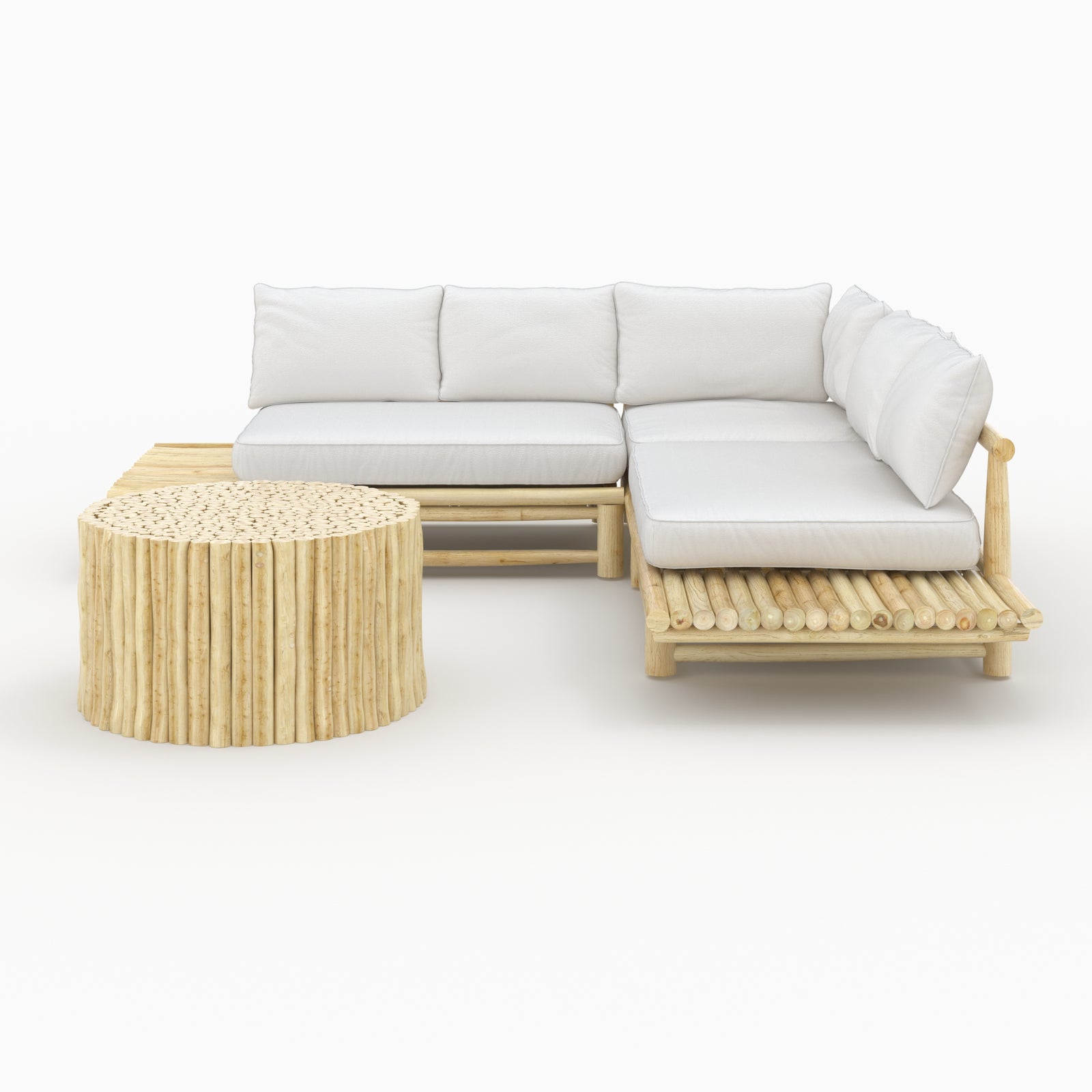 salon de jardin en bois de teck imani canape d angle table basse ronde fond beige