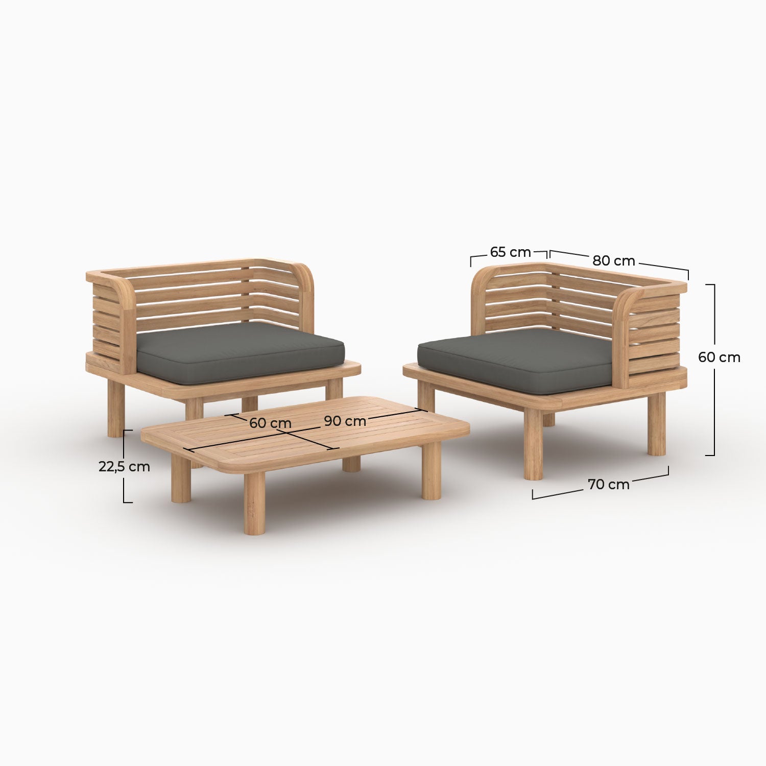 Salon de jardin Kilda 2 places en teck et tissu gris, 2 fauteuils