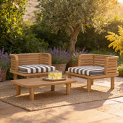 Gartenmöbelset Kilda 2-Sitzer aus Teakholz und gestreiftem grauem Stoff, 2 Sessel