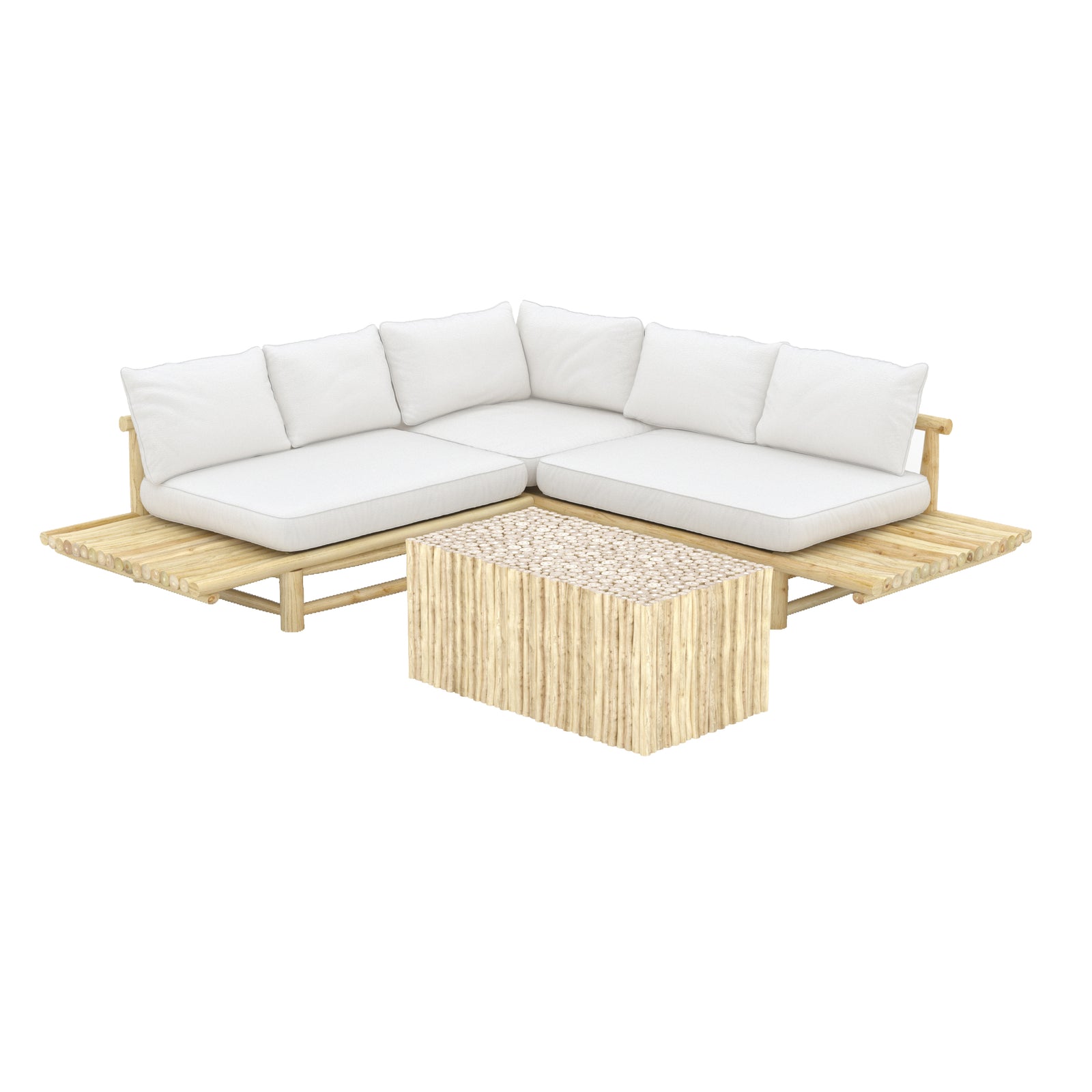 salon de jardin sunny 4 personnes en bois de teck canape d angle et table basse fond blanc