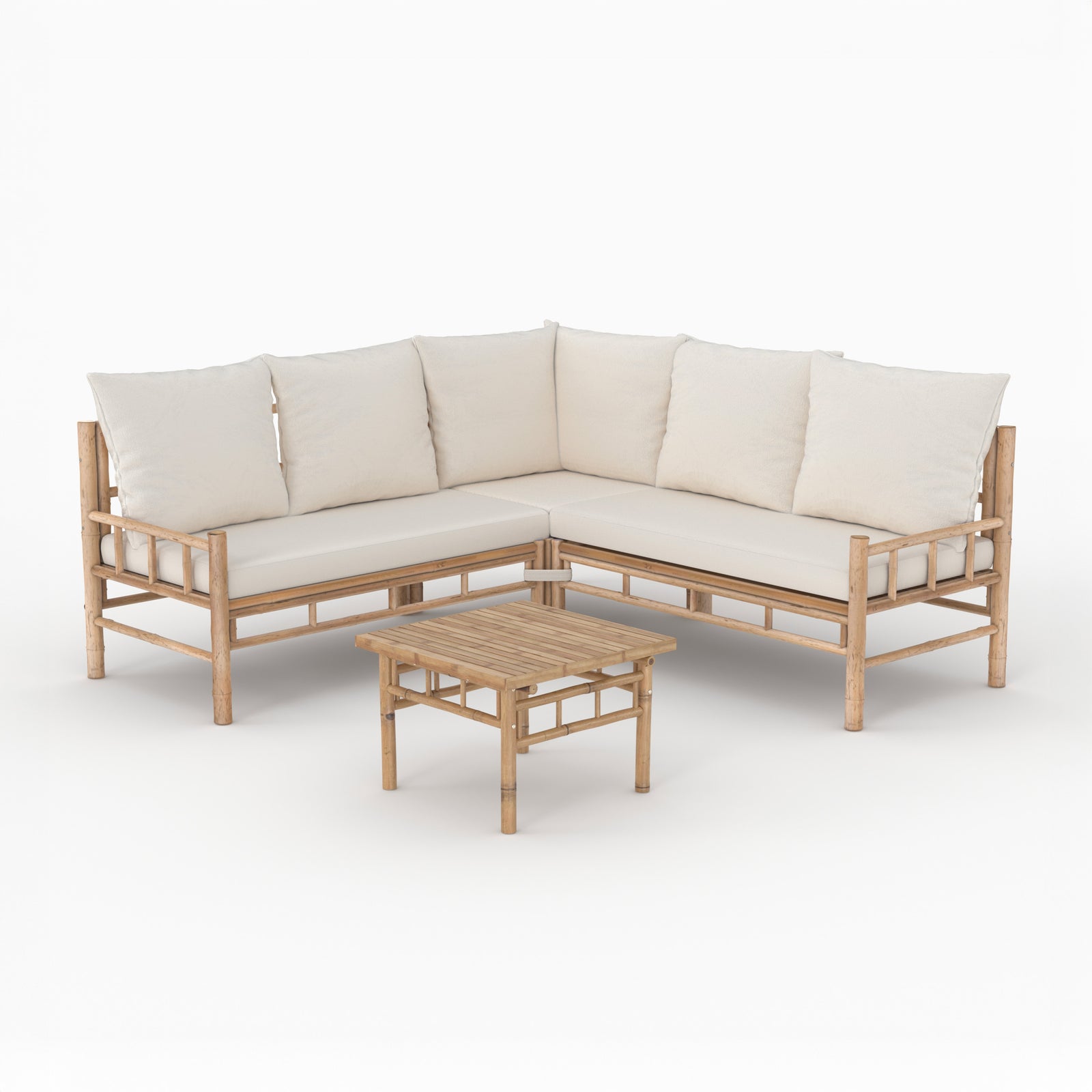 salon de jardin vadella 5 personnes en bambou tissu creme canape d angle