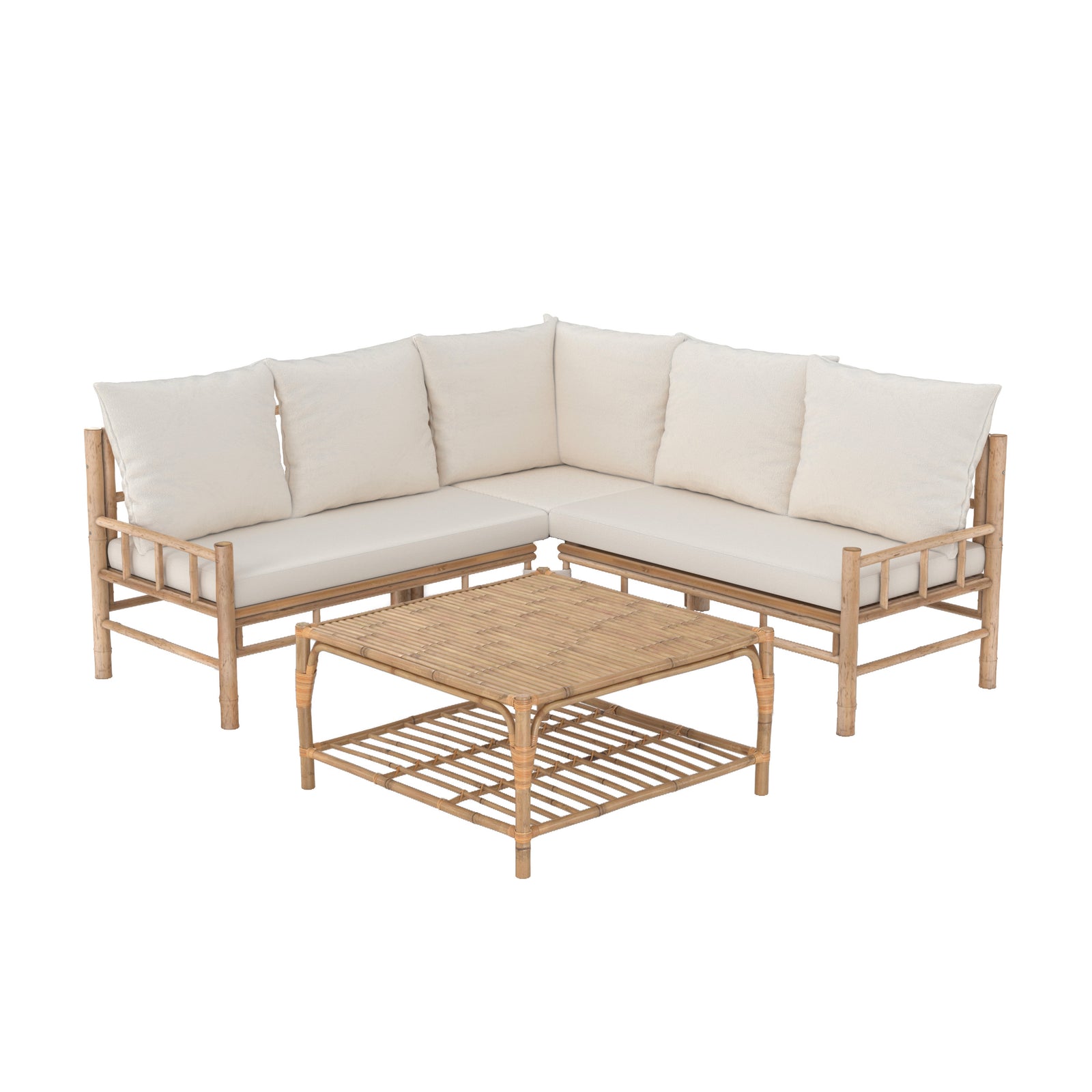 salon de jardin vadella 5 personnes en bambou tissu creme table basse canape angle fond blanc
