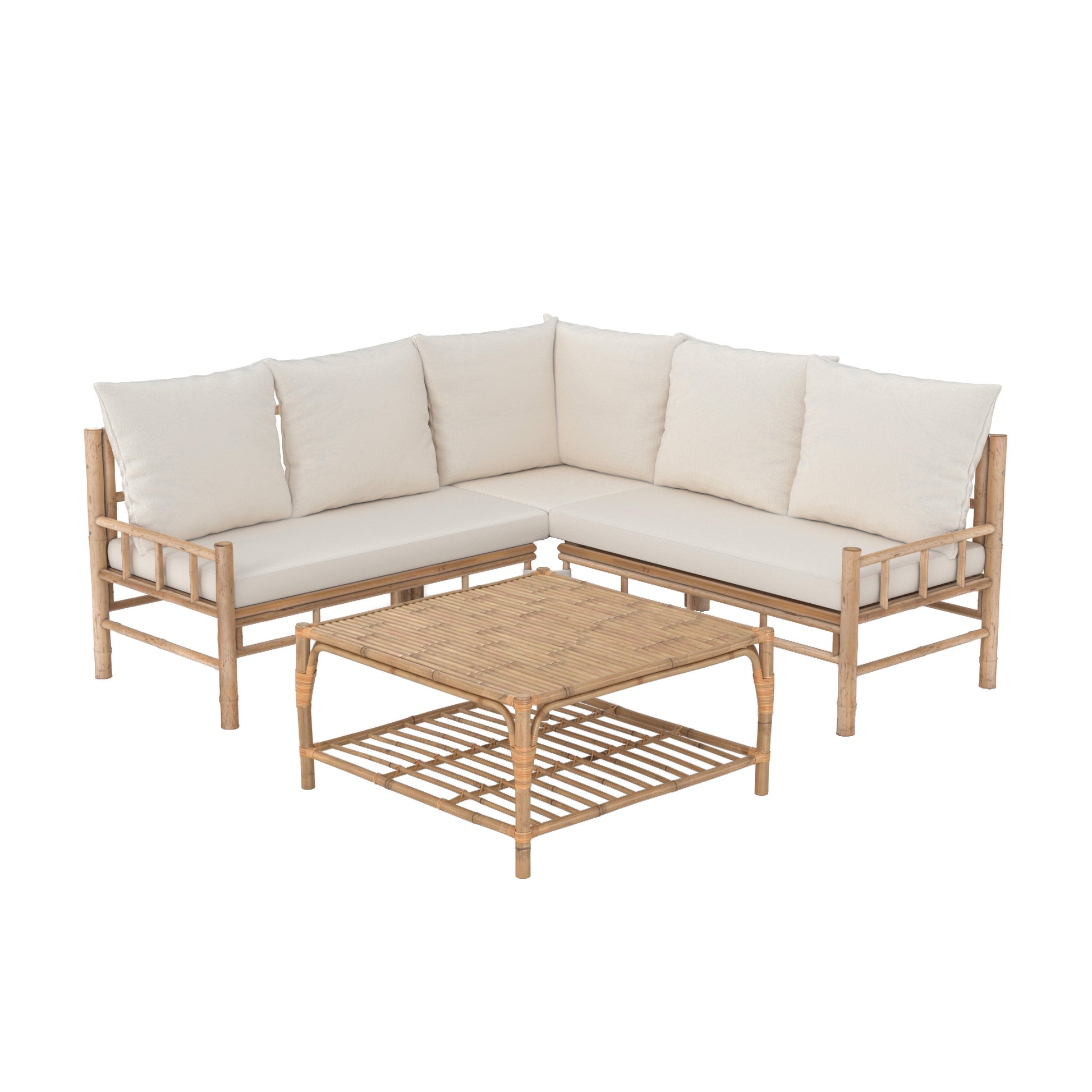 salon de jardin vadella 5 personnes en bambou tissu creme table basse canape angle fond blanc