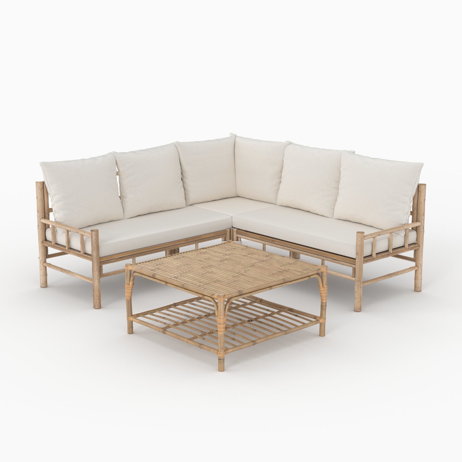 salon de jardin vadella 5 personnes en bambou tissu creme table basse canape angle
