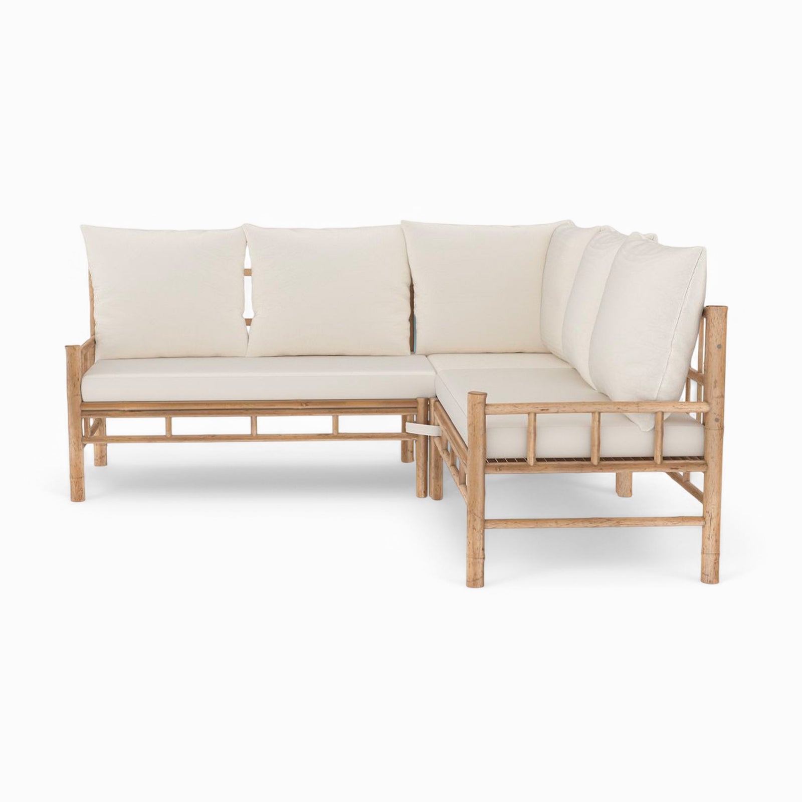 salon de jardin vadella 5 places en bambou tissu creme table basse canape angle