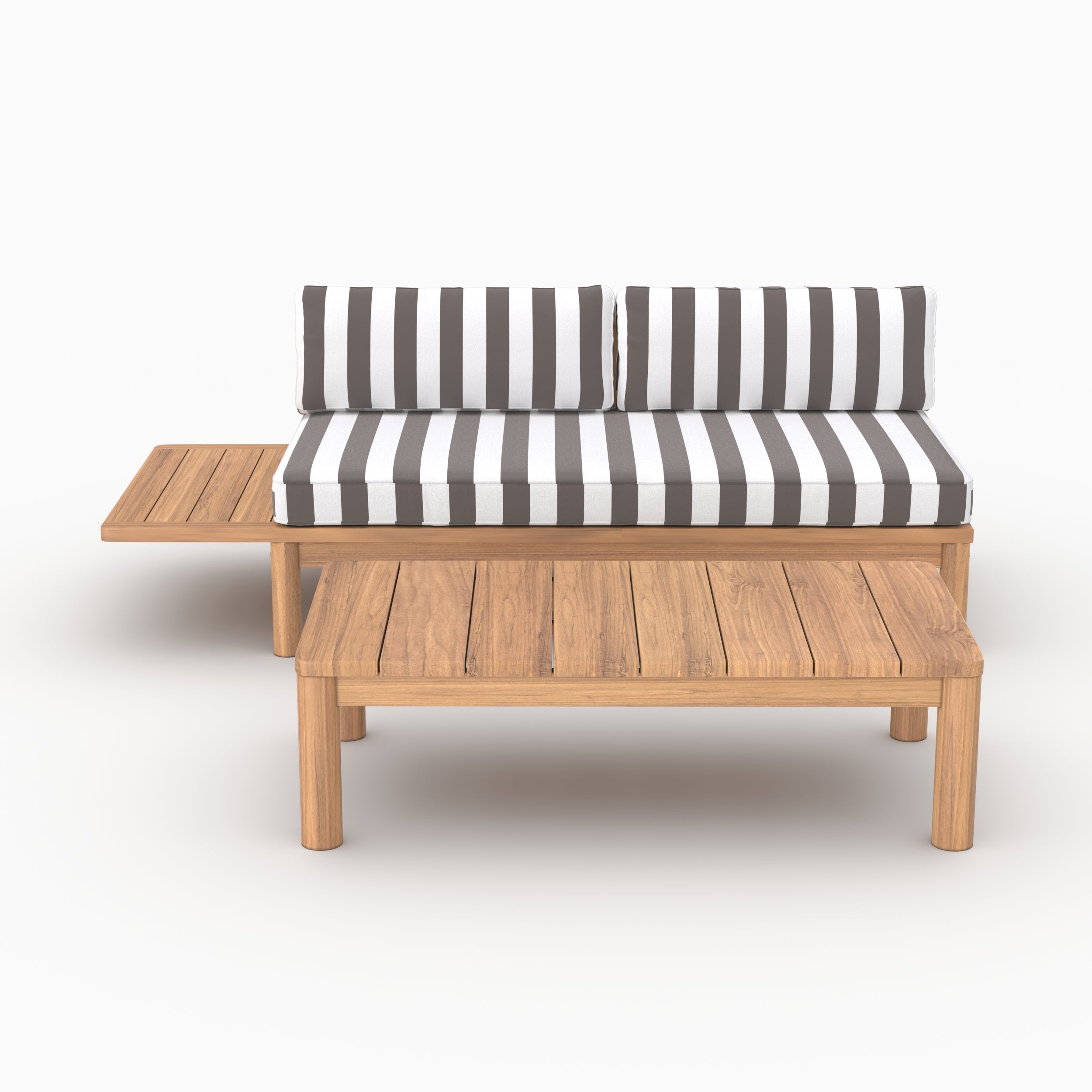 Salon de jardin Nadila 2 personnes en teck massif et tissu rayé gris
