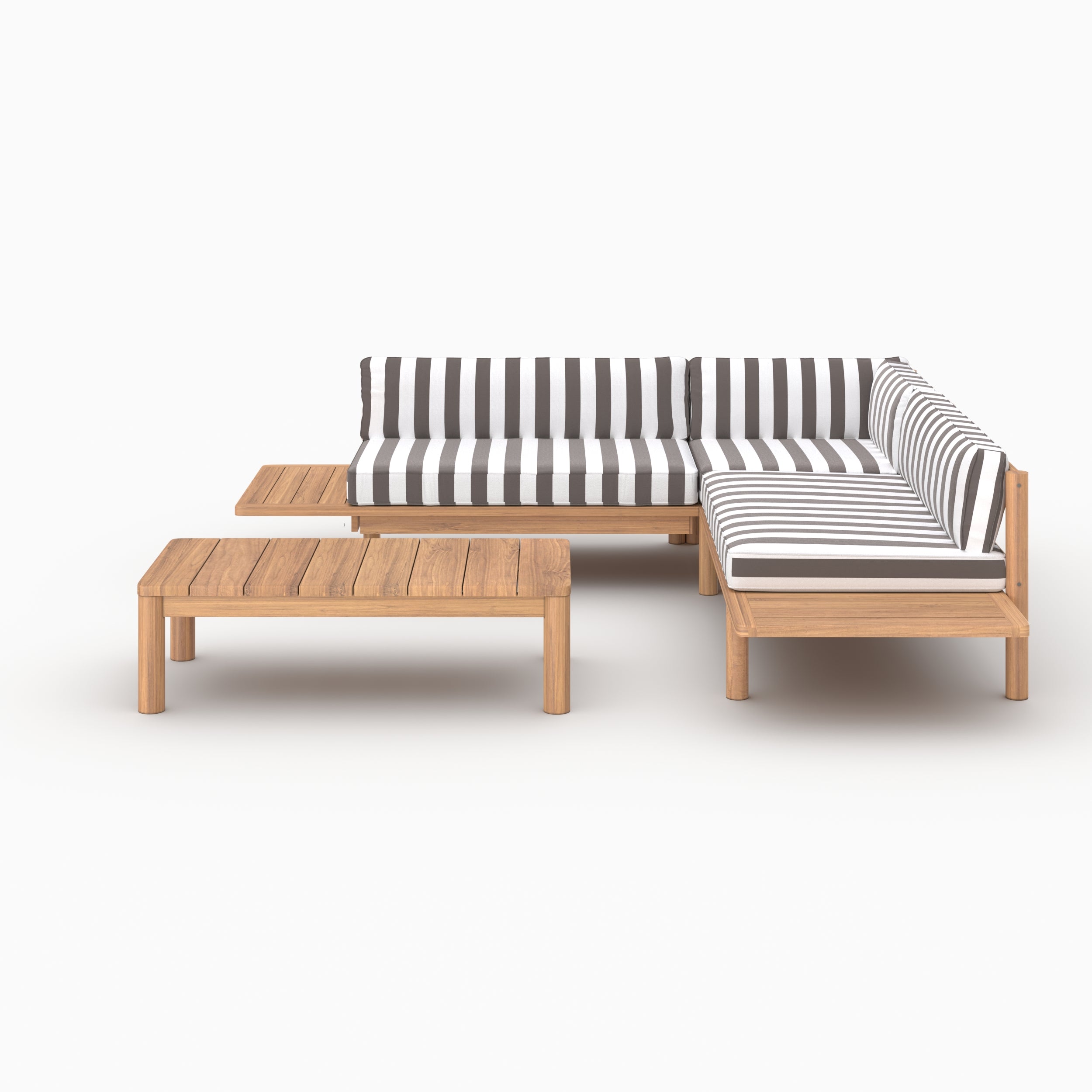 Salon de jardin Nadila 4 personnes en teck massif et tissu rayé gris