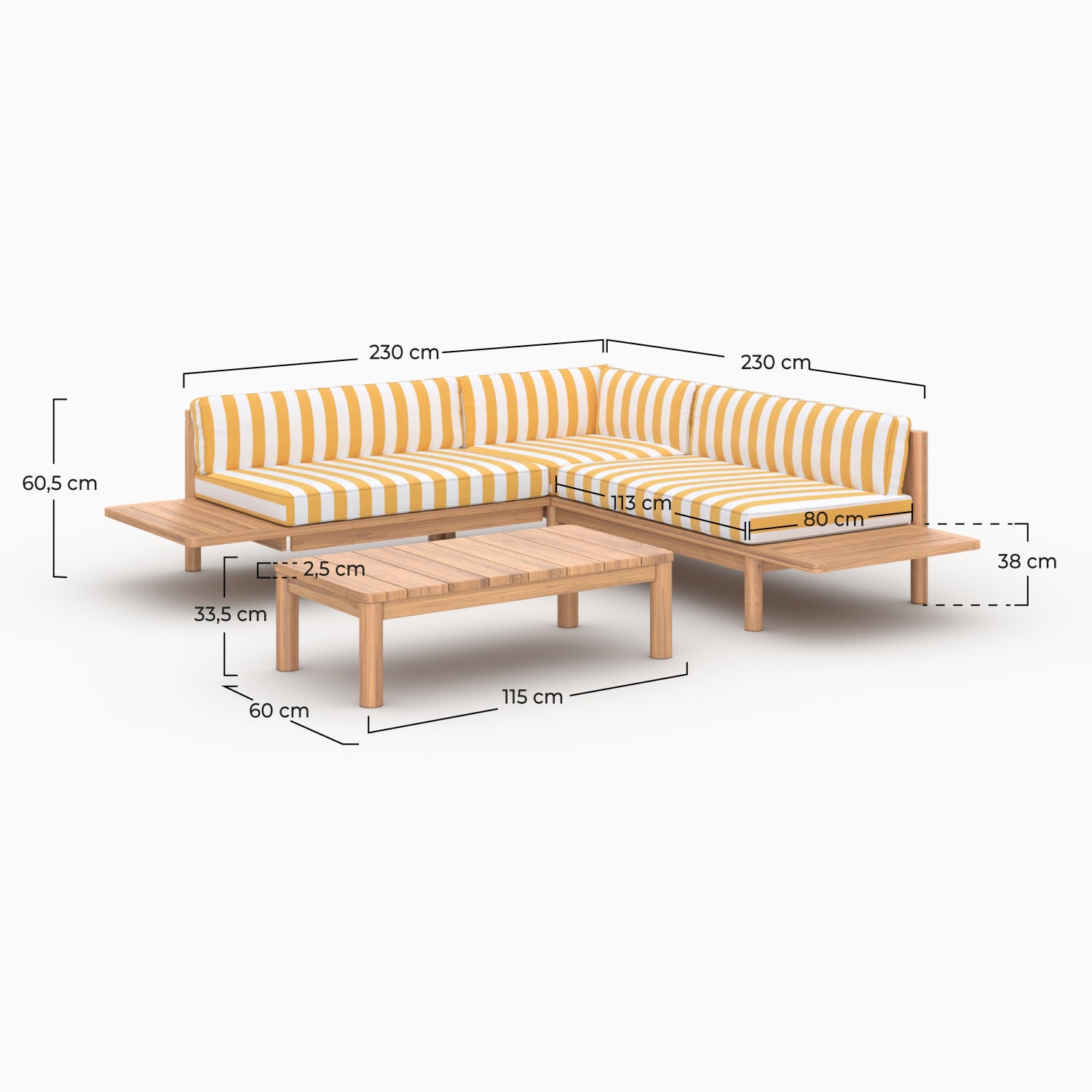 Salon de jardin Nadila 4 personnes en teck massif et tissu rayé jaune