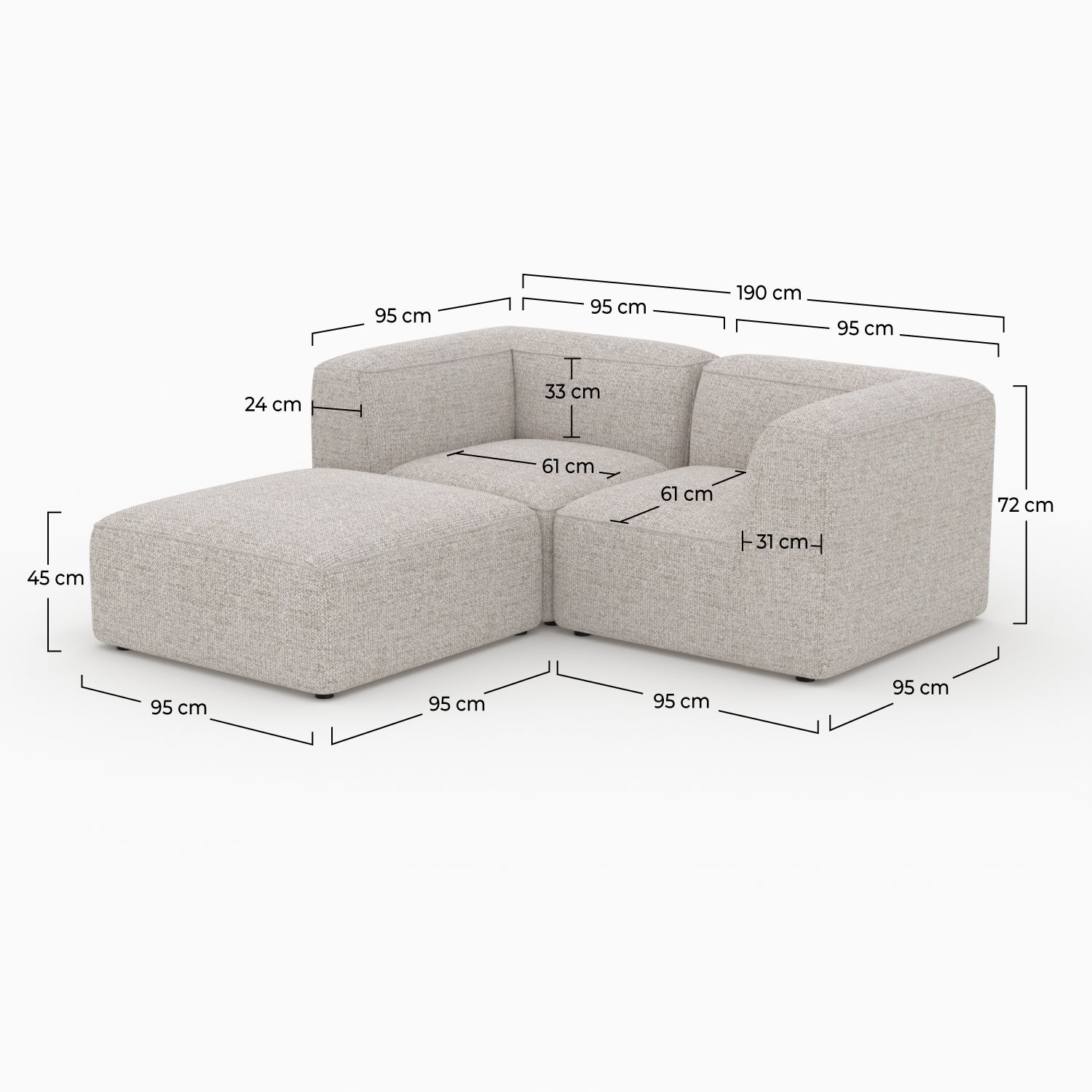 Canapé modulable Hestia en tissu beige 2 places avec pouf