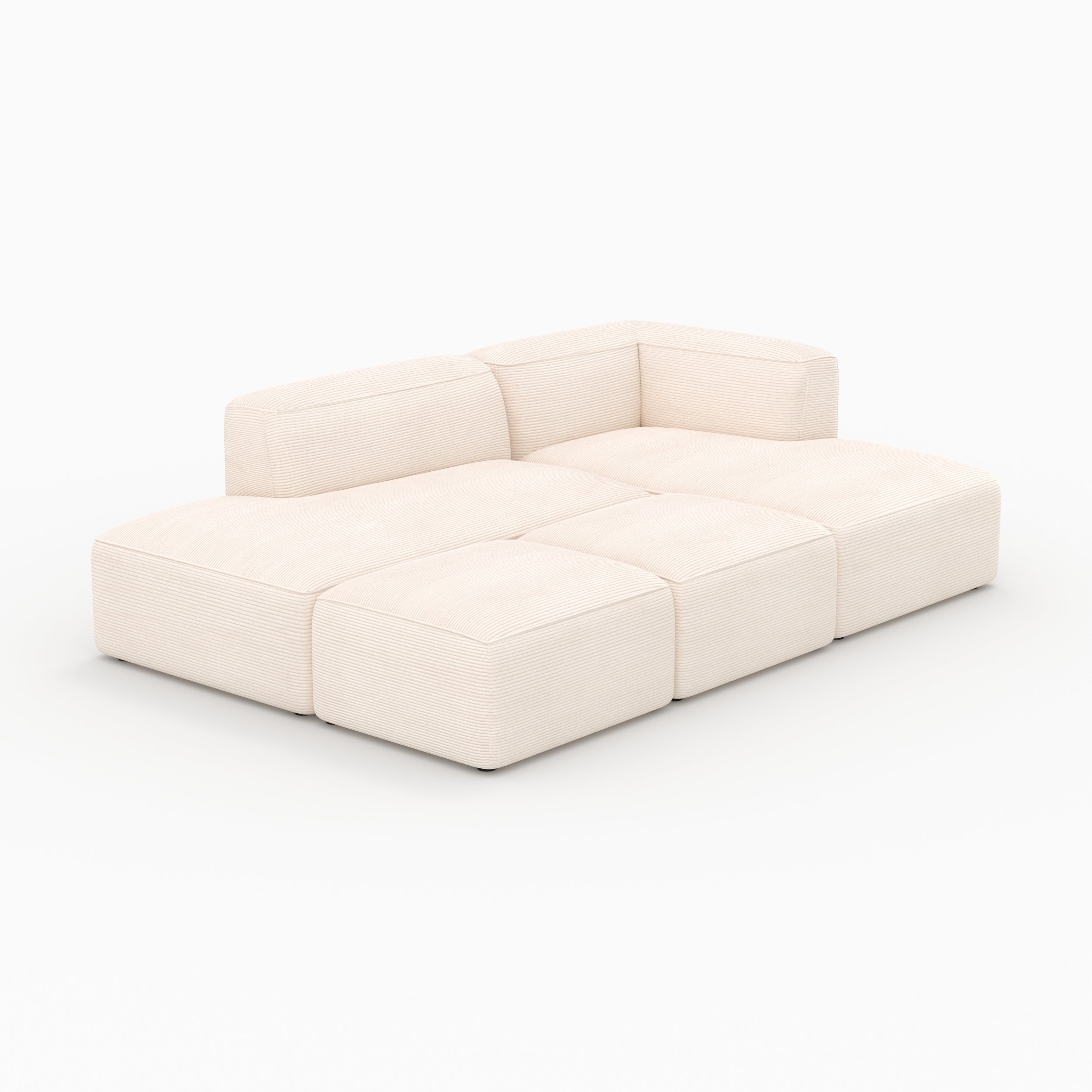 Canapé modulable Mina en velours côtelé blanc 4 places avec 2 poufs