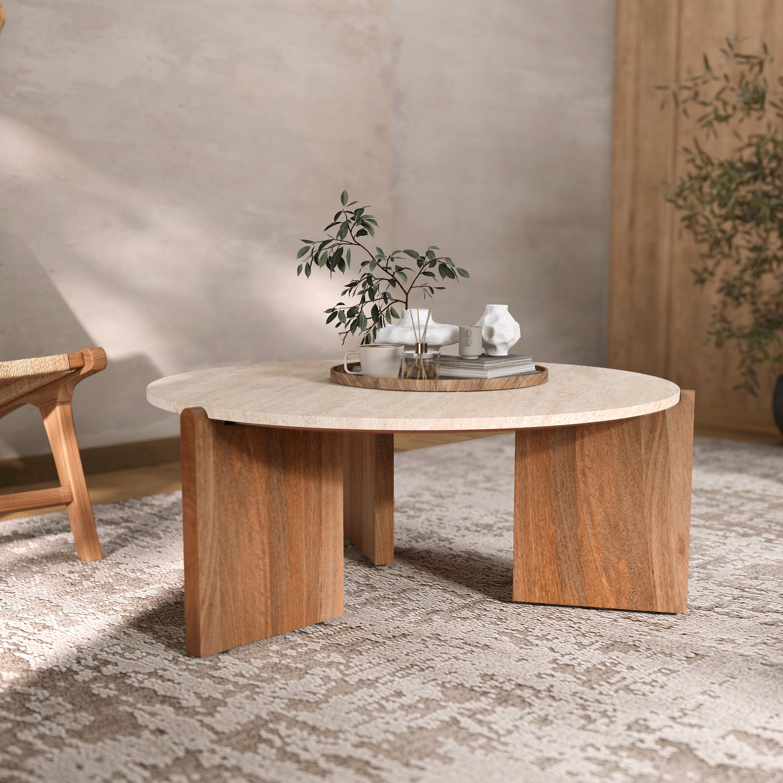 sierra table basse travertin et bois ronde rdv deco