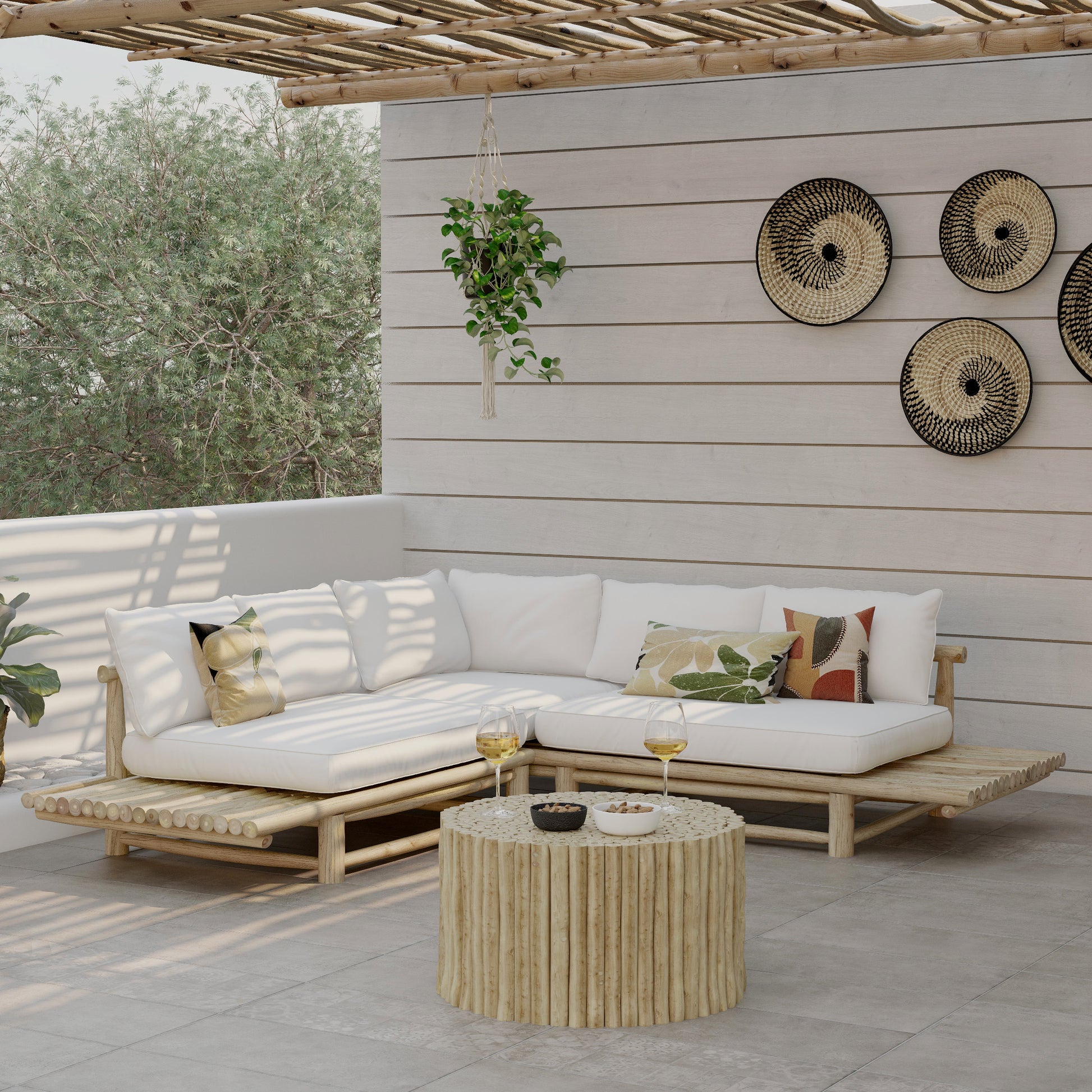 sunny canape d angle de jardin bois de teck et tissu blanc casse