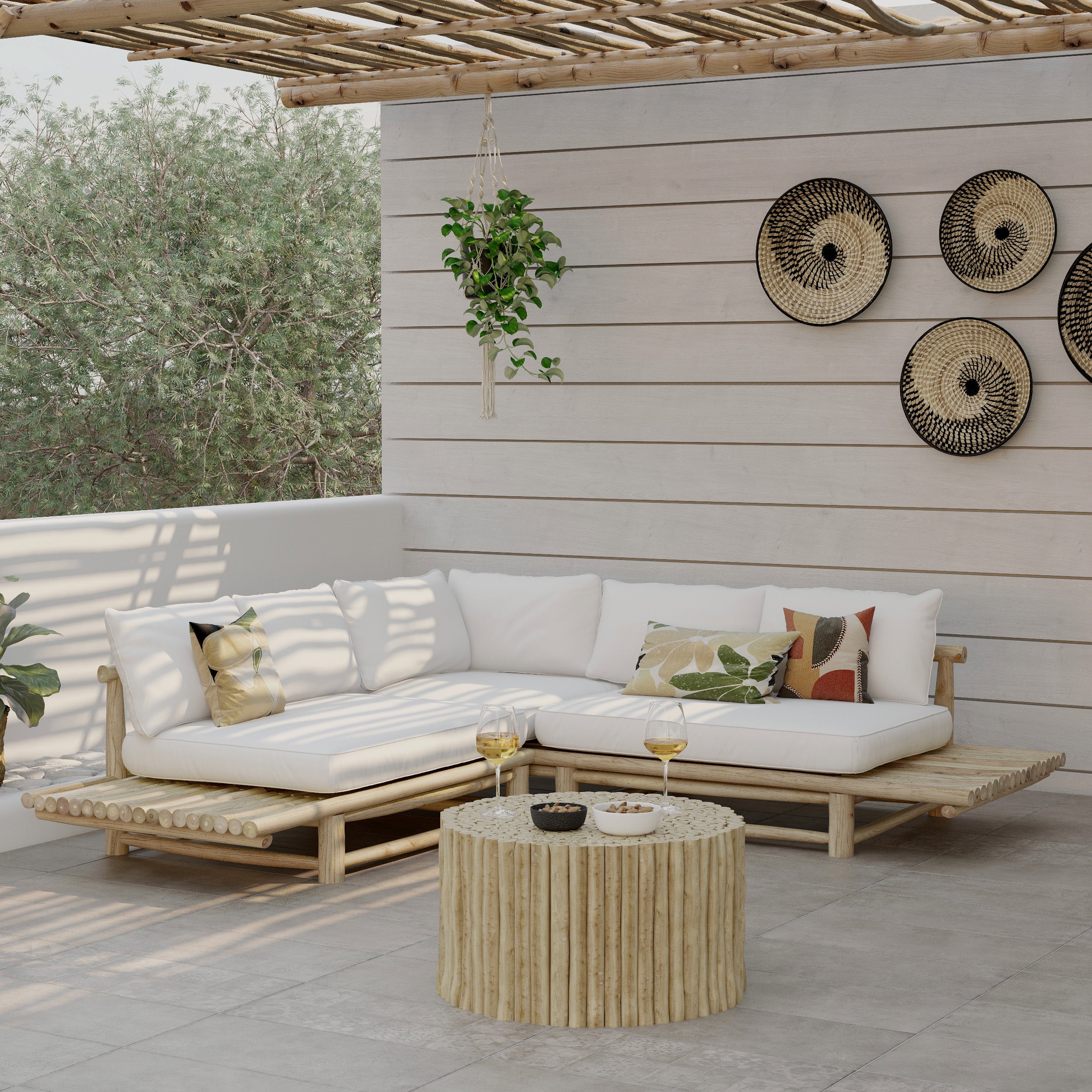 sunny canape d angle de jardin bois de teck et tissu blanc casse