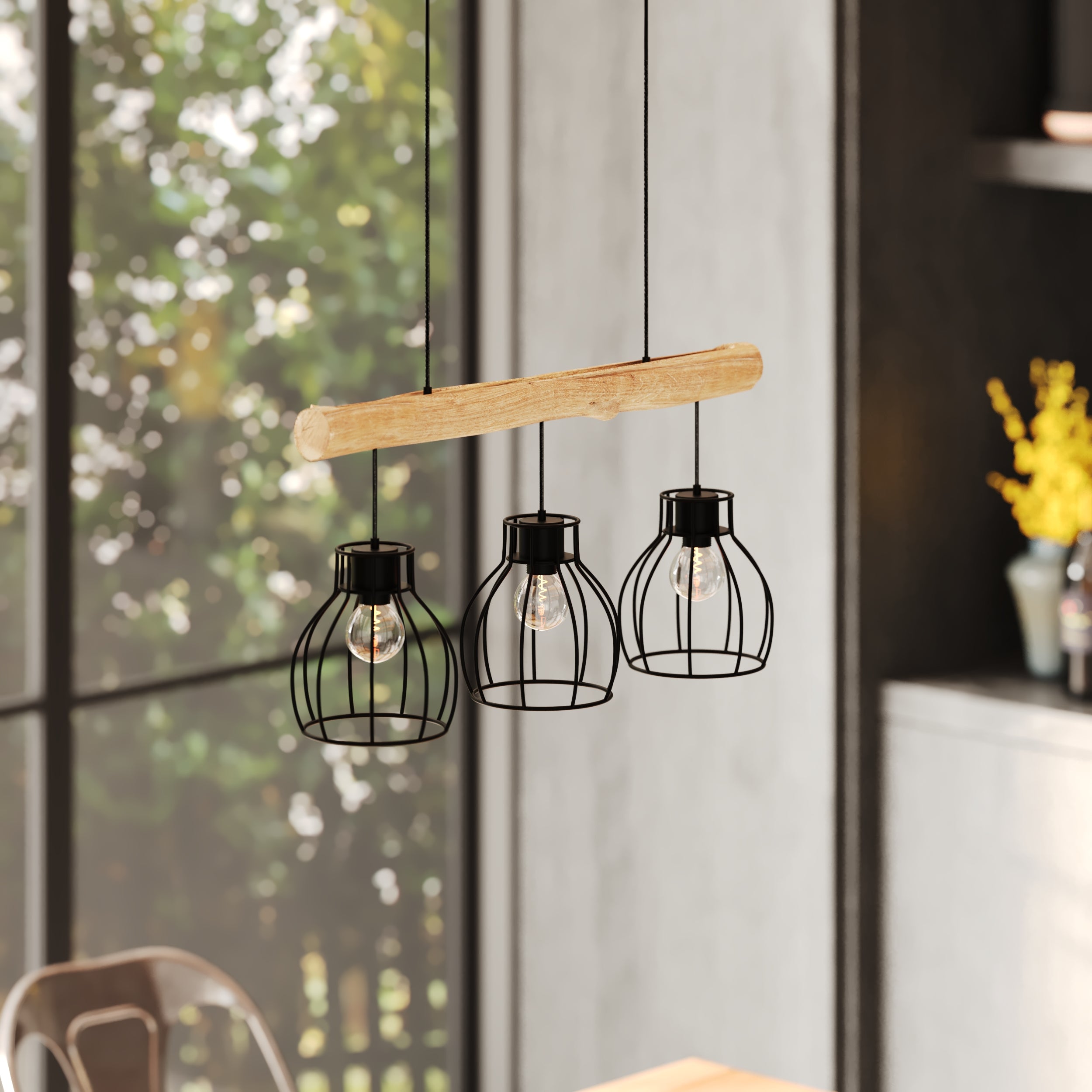 suspension en bois et metal noir abby 3 lampes