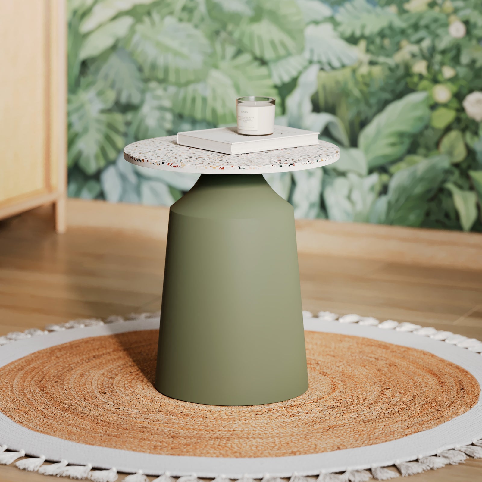 table appoint vert kaki et plateau en terrazzo multicolor