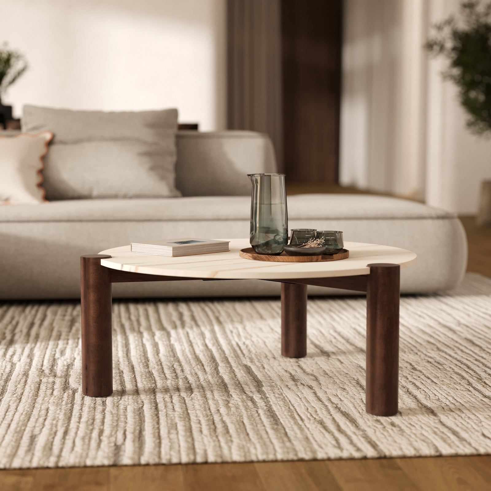 table basse ronde bois fonce marbre blanc