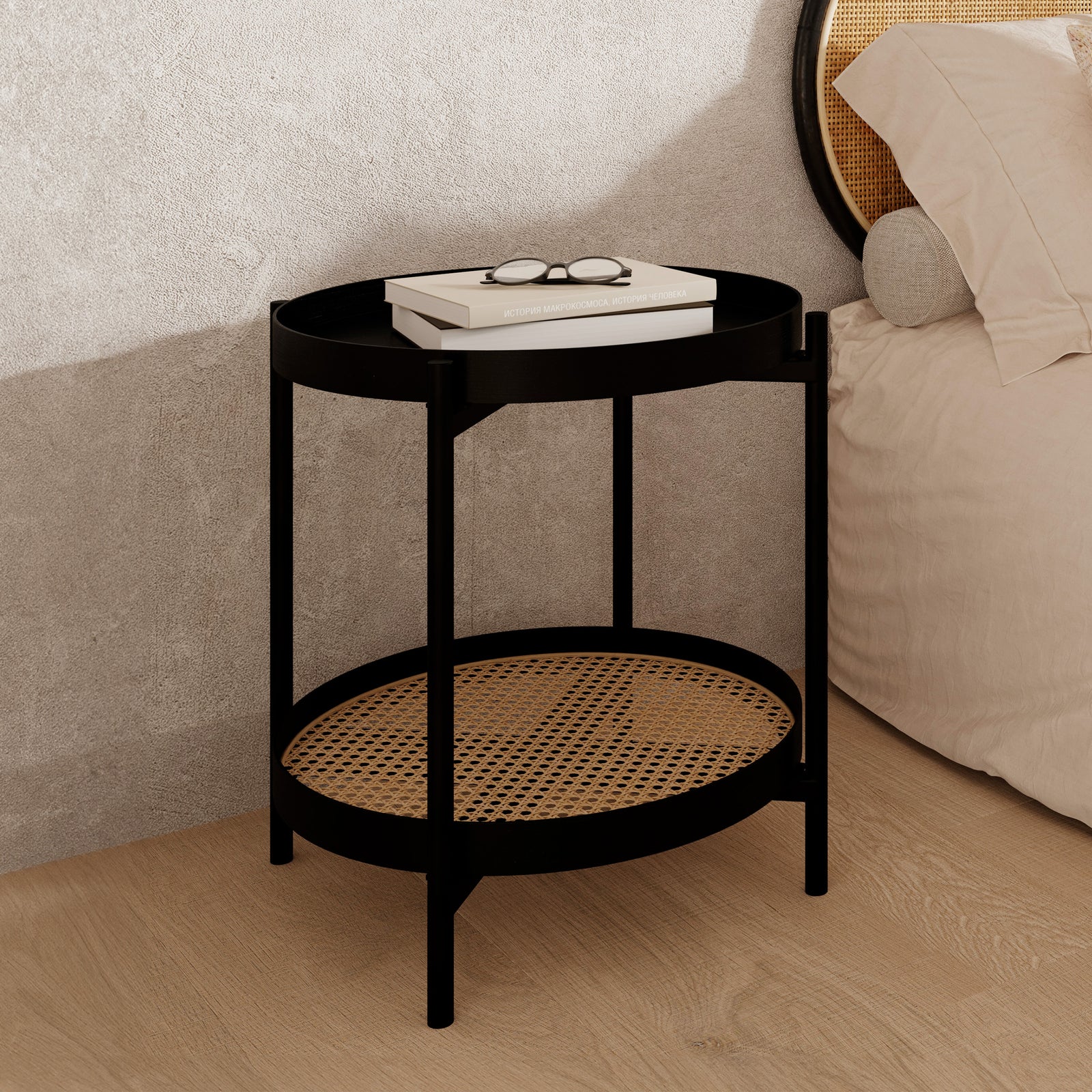 table basse ronde noire et rotin cannage rdv deco