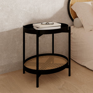 table basse ronde noire et rotin cannage rdv deco