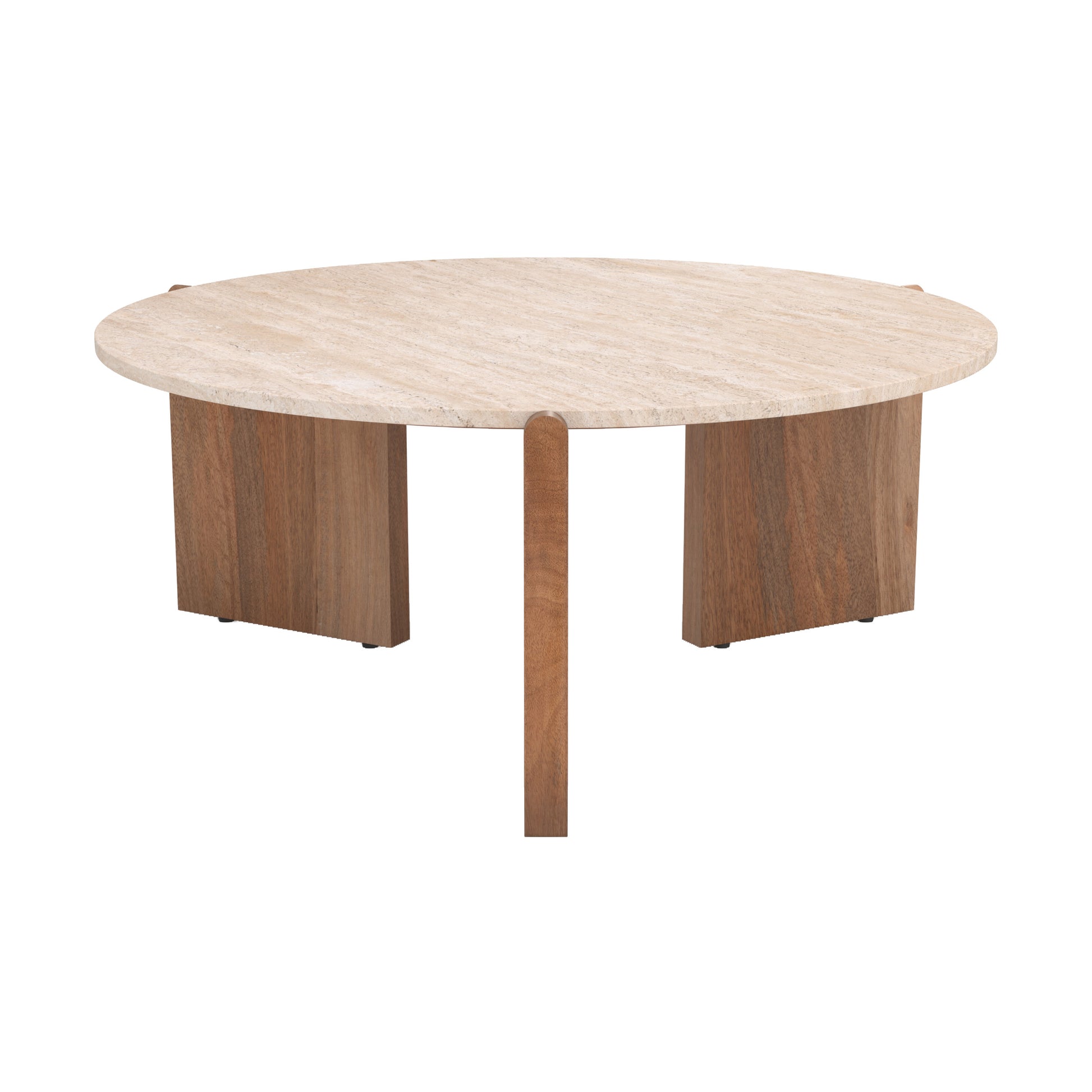 table basse sierra en travertin ronde pieds en bois fond blanc