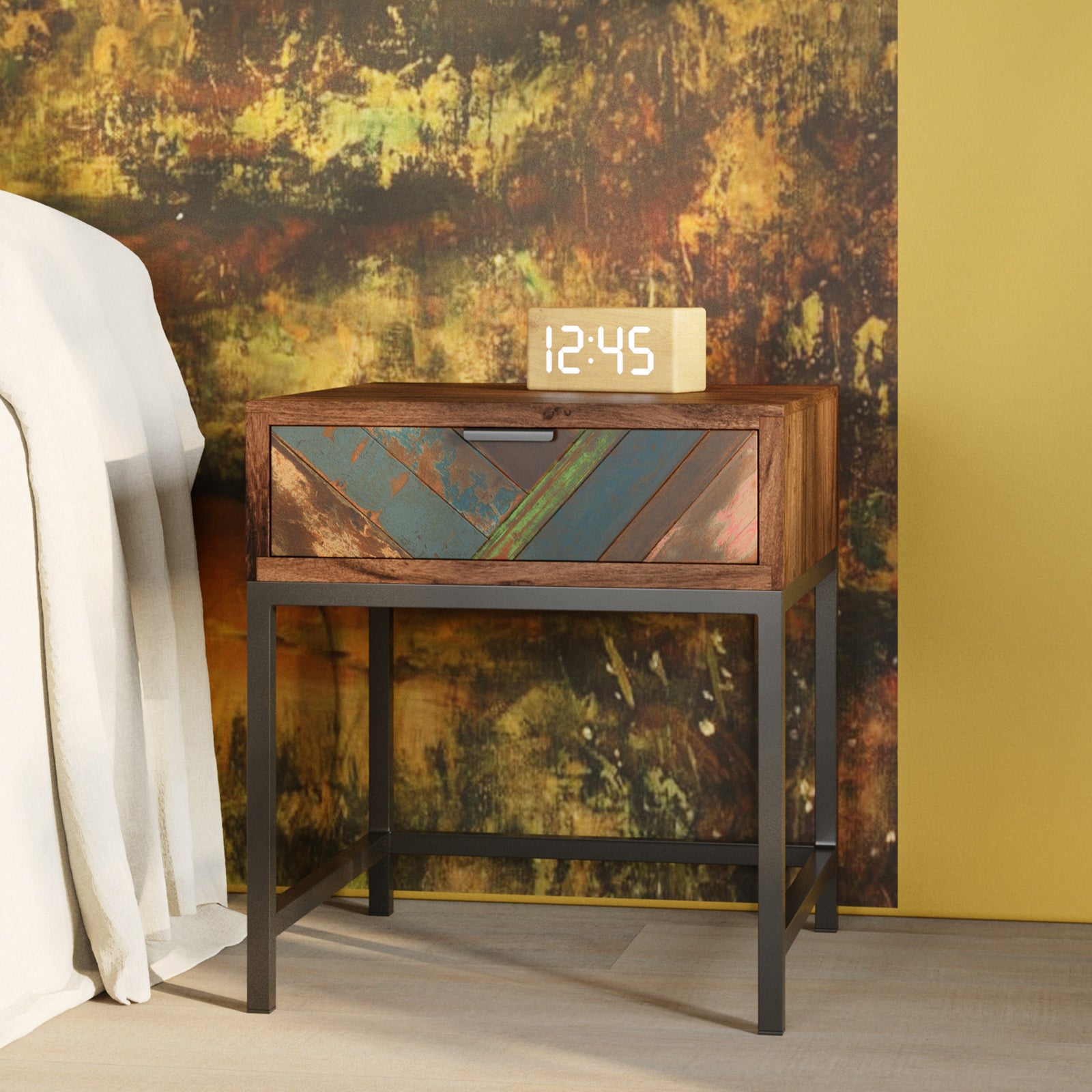 table de chevet en bois recycle colore indus pieds metal