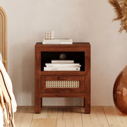 table de chevet marron foncee tiki et cannage
