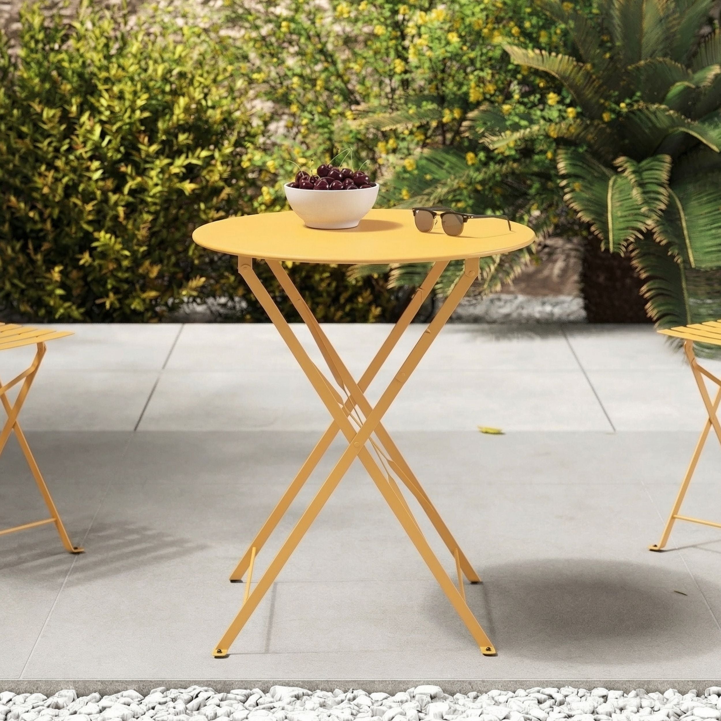 Table ronde et chaises de jardin pliantes Kayla 2 places en métal jaune