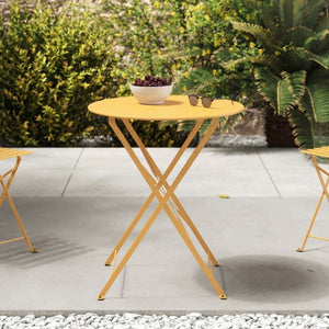 Table de jardin Kayla ronde et pliante en métal jaune beurre 2 personnes