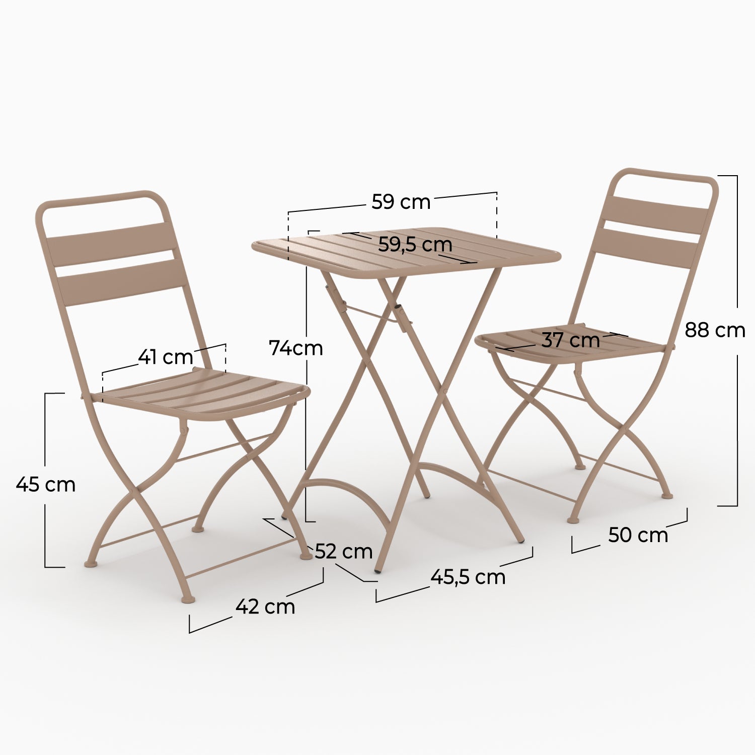 Table et chaises de jardin pliantes Yumi 2 personnes en métal taupe